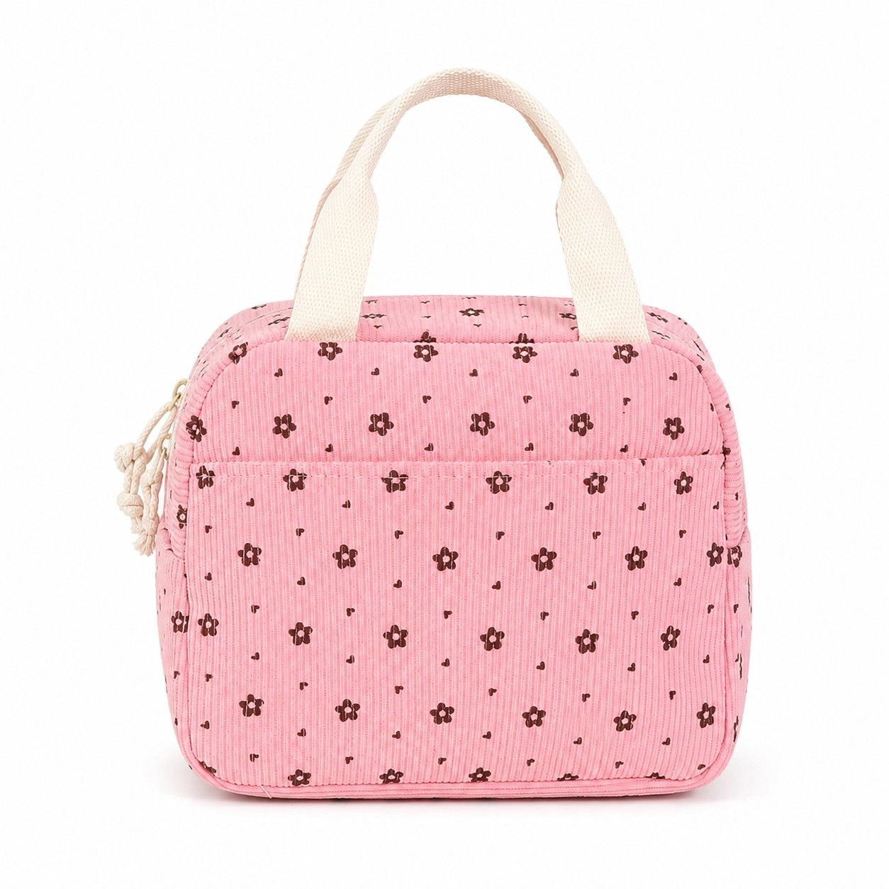 Alilang Women's Floral Corduroy Insulated Lunch Tote Bag with Front Pocket and Zip Closure, Ivory Strawberry