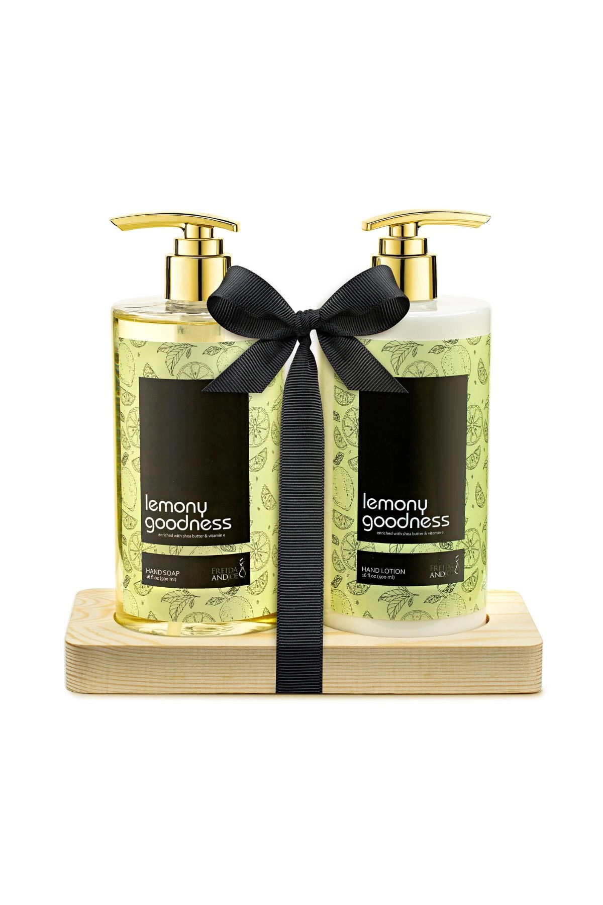 Freida and Joe  Women Lemon Citrus Hand Soap & Lotion Set Wooden Holder Unisex Valentine's Gift