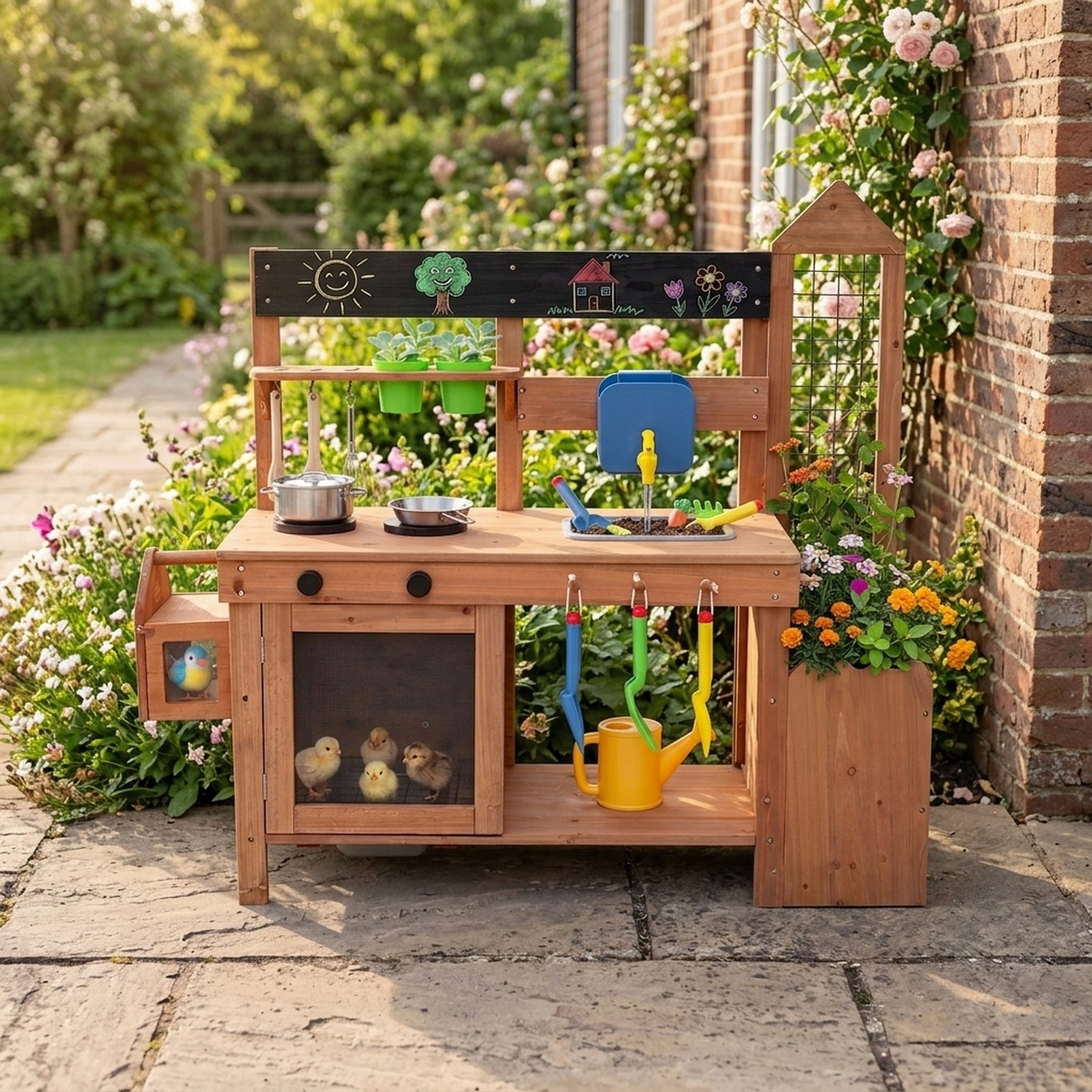 Outdoor Mud Kitchen for Kids with Planter Box Birdcage Chalkboard and Working Faucet 44-in x 16-in x 40-in Fir Wood
