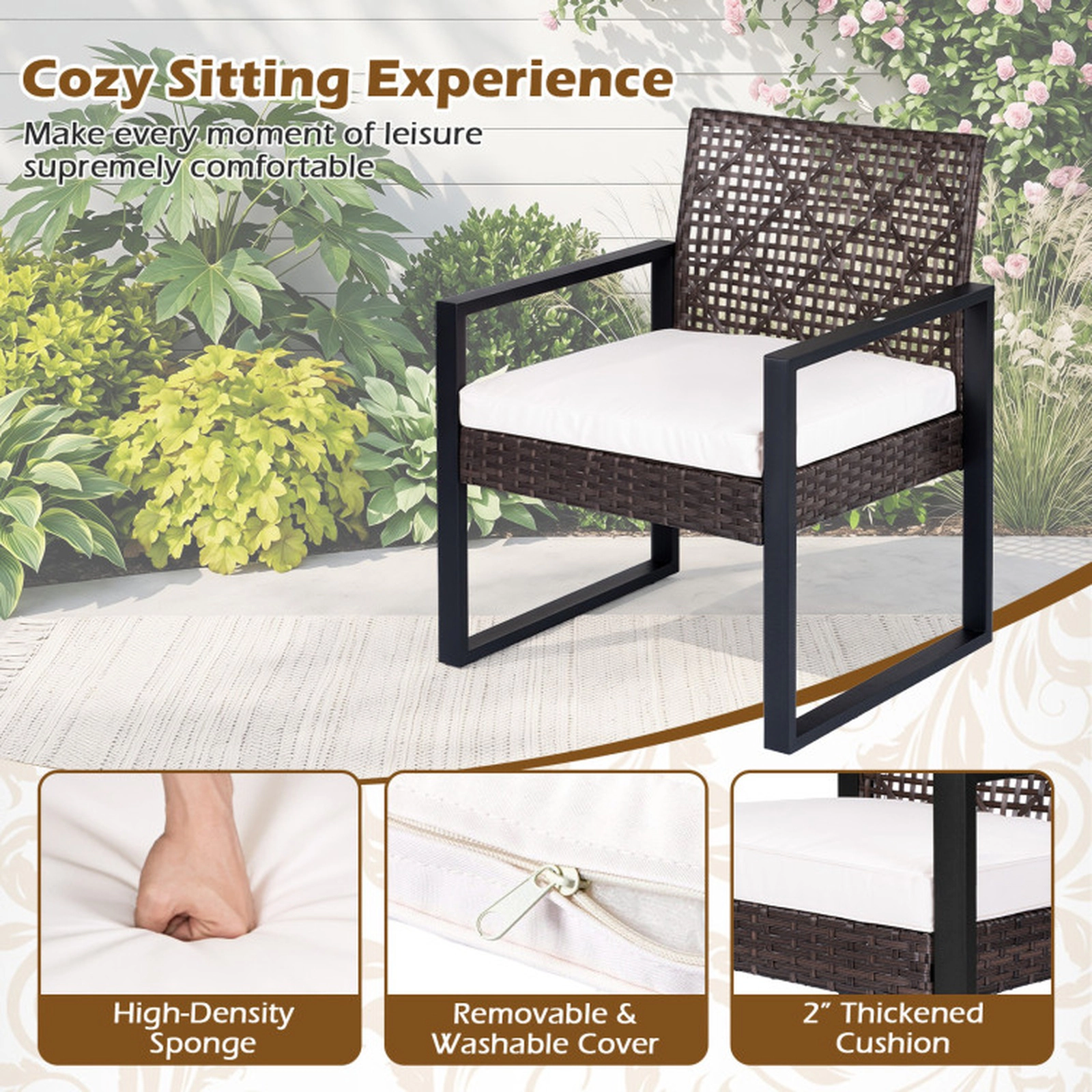 SUGIFT Brown and Black Acacia Wood Coffee Table and Cushions 4-Piece Patio Wicker Sofa Set
