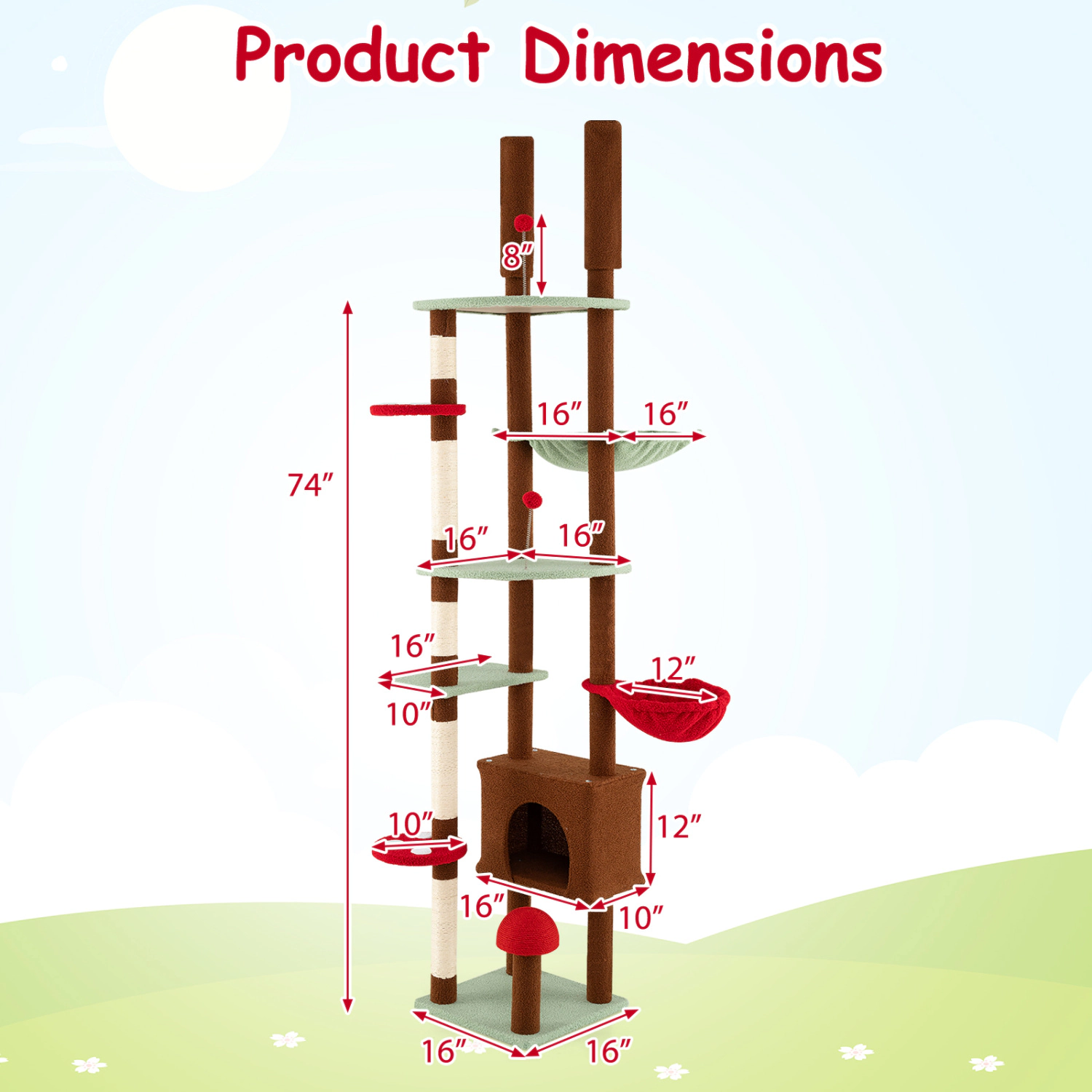 SUGIFT Height Adjustable Floor to Ceiling Cat Tree with Condo Hammock & Basket 22-lb Tiers 11-lb Hammock & Basket Brown