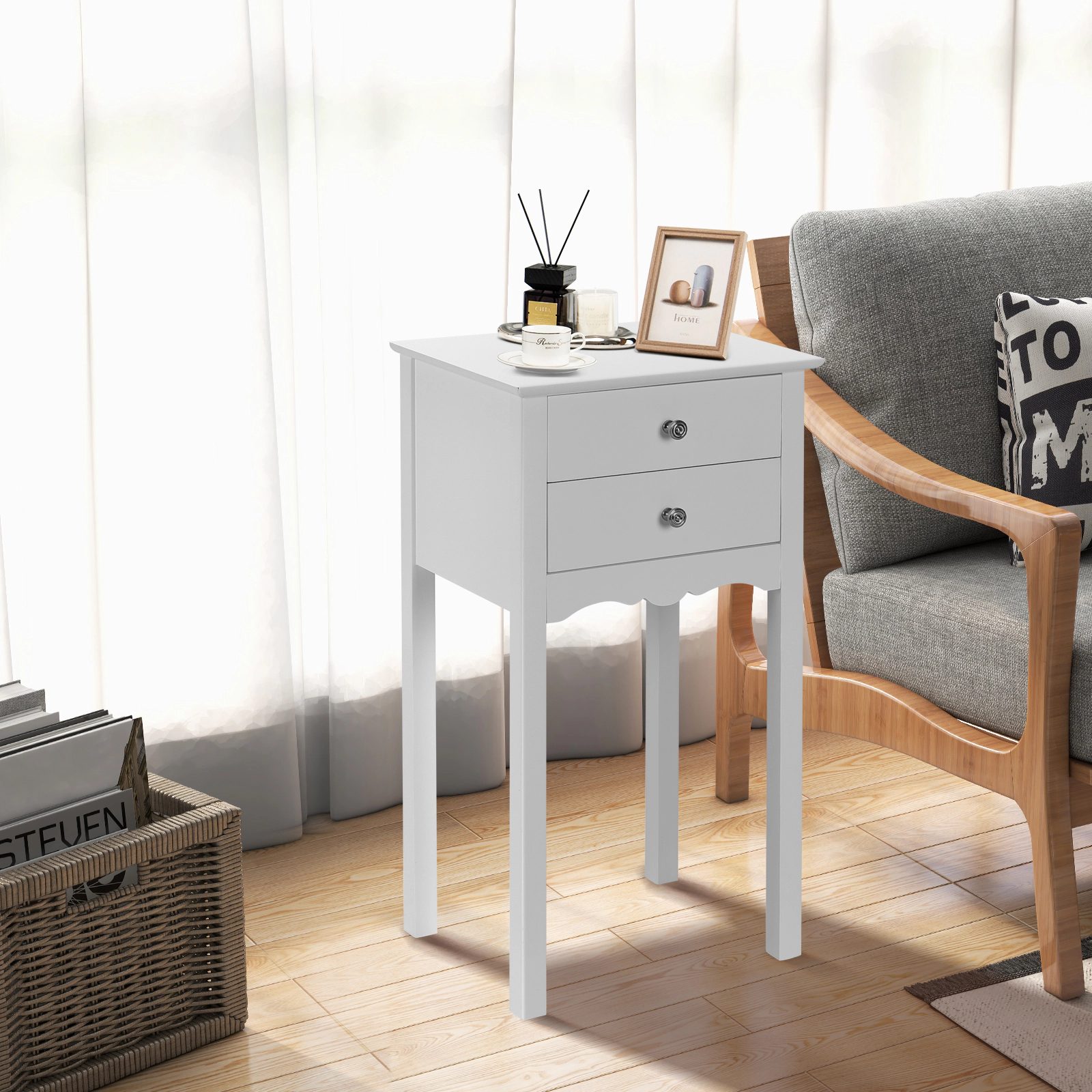 SUGIFT MDF Side Table End Accent Table with 2 Drawers 30-in Tall Black/White