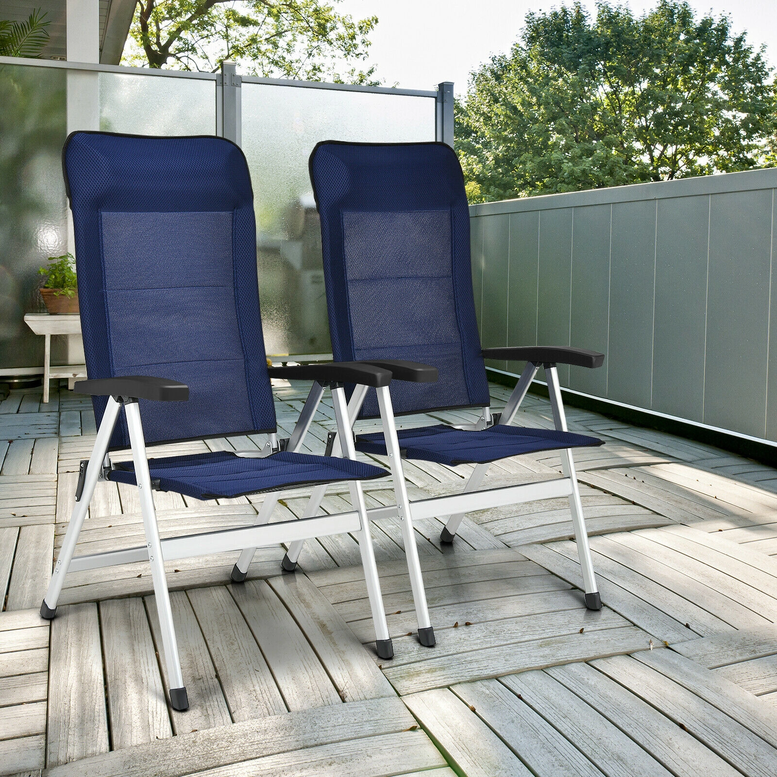 SUGIFT Adjustable Headrest Set of 2 Navy Folding Patio Reclining Chairs 7-Level Backrest