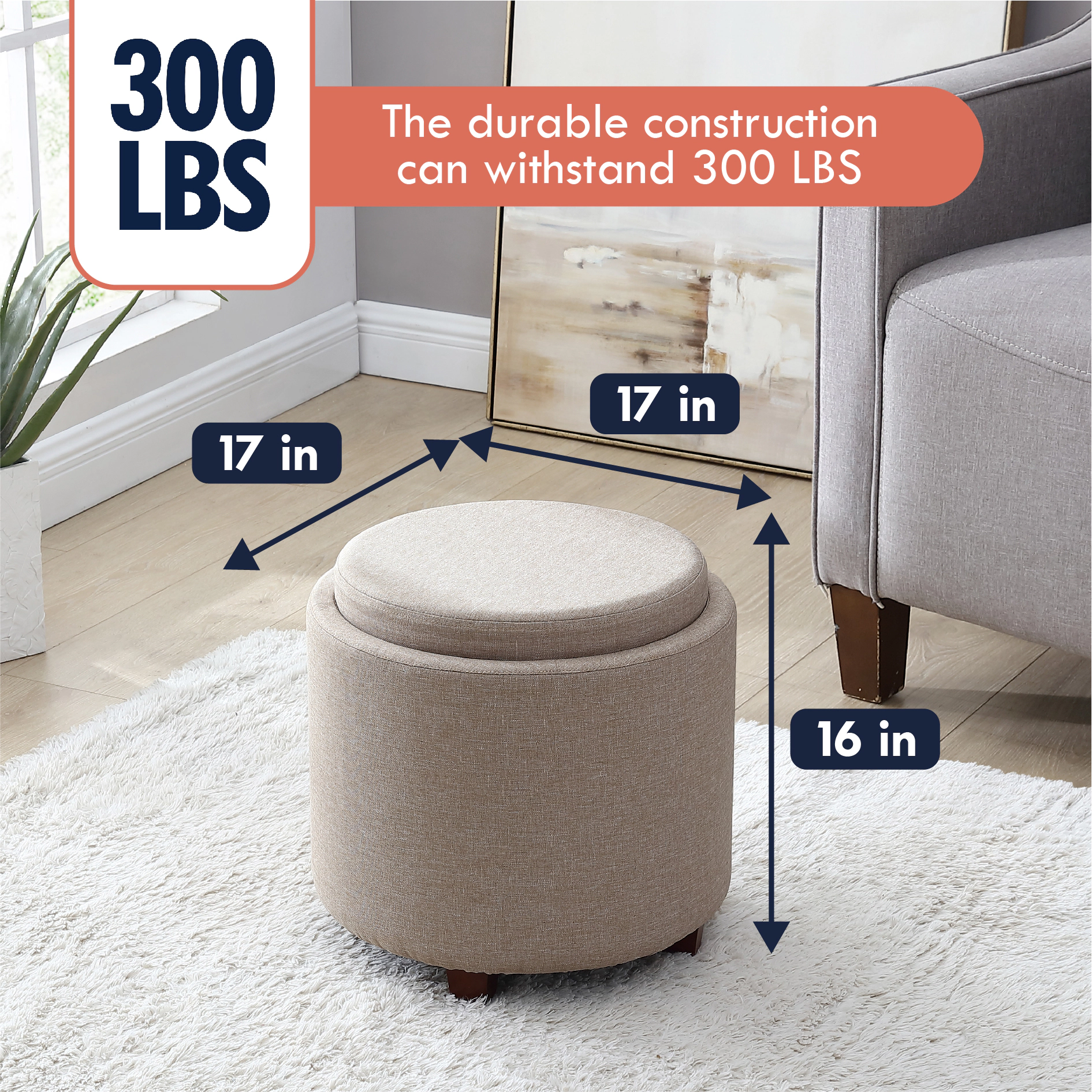Ornavo Home Round Linen Storage Ottoman with Table Top Lid