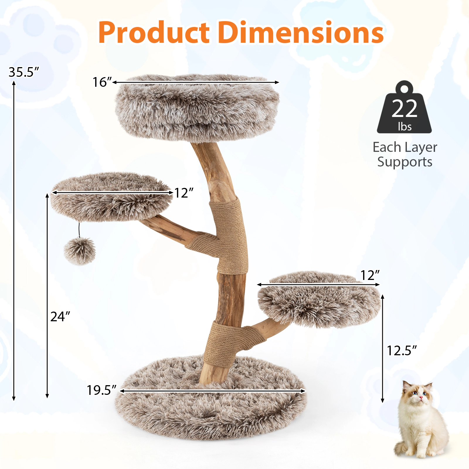 SUGIFT Brown Pear Wood Cat Tree with Plush Perch and Jute Scratching Posts 19.5-in Dia 35.5-in H 22-lb Per Layer