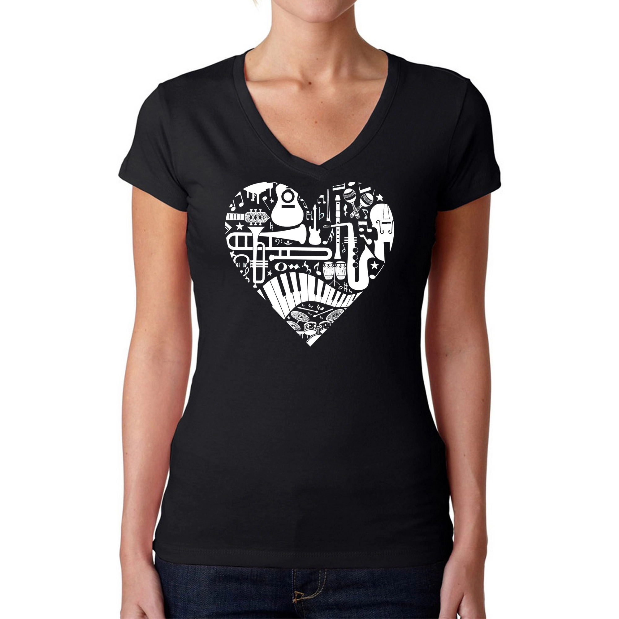LA Pop Art Womens Word V-Neck T-Shirt - Musical Instrument Heart
