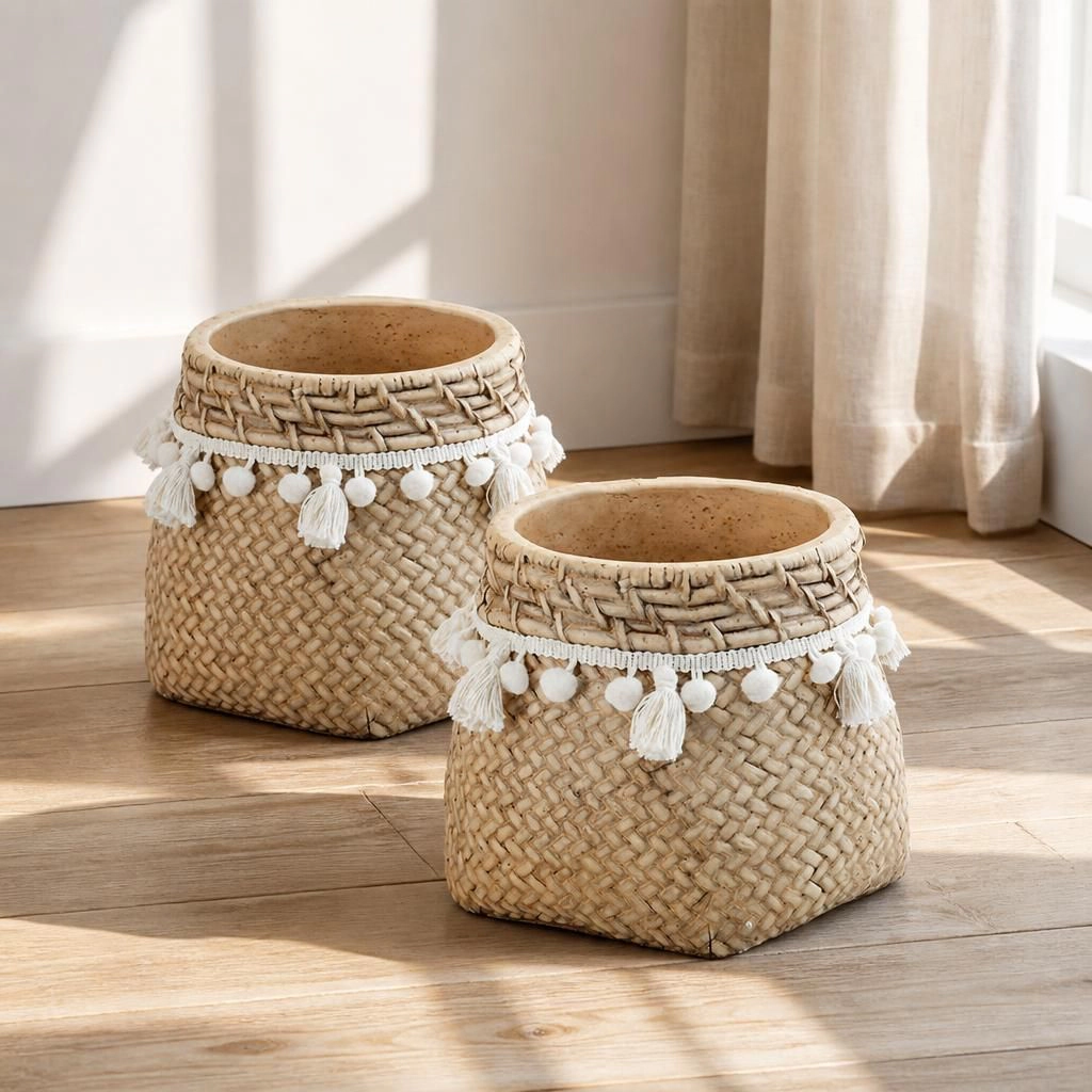 WOW PIONEER Solid Cement Round Planter Pot for Patio Balcony Backyard Porch Indoor Outdoor