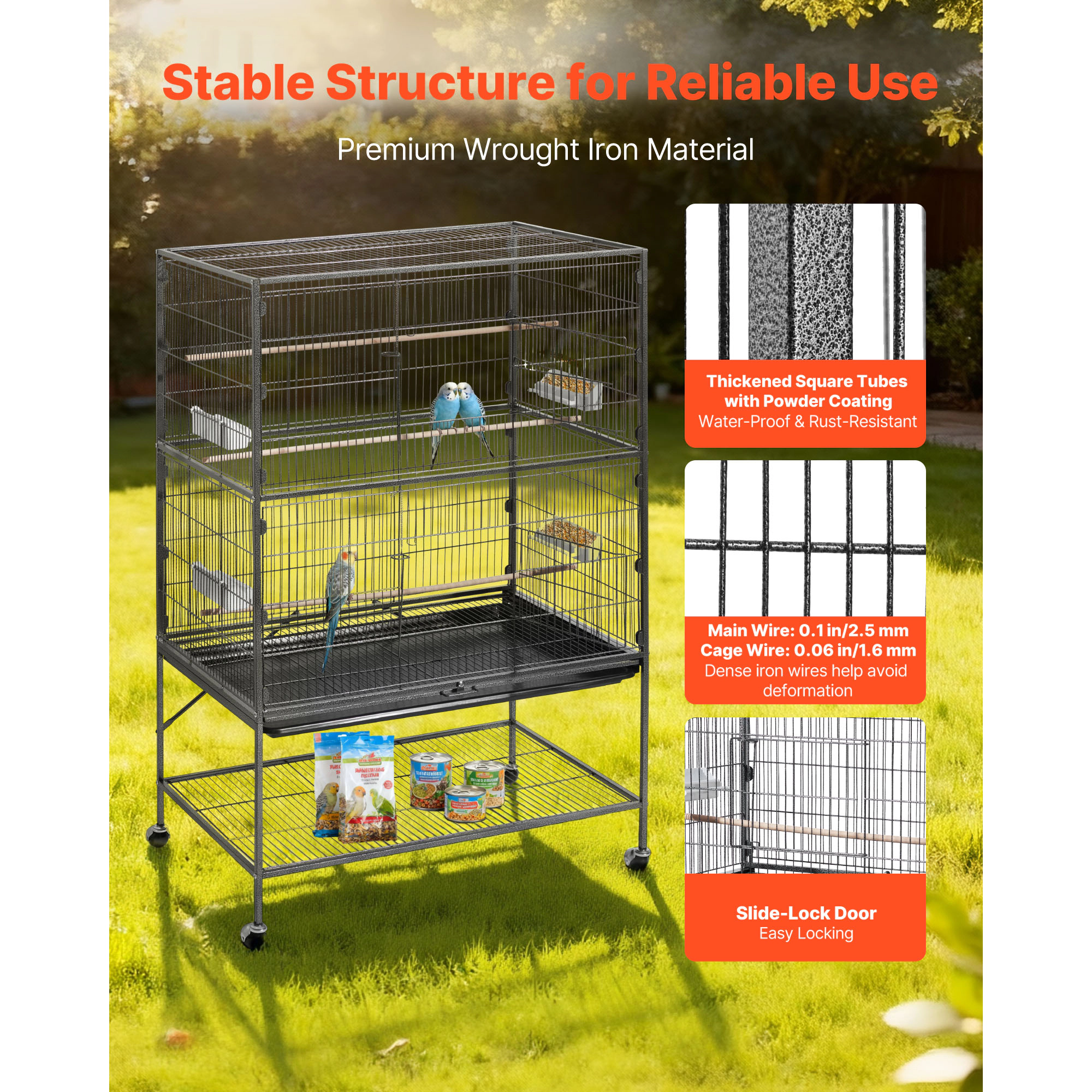 HONGGE Wrought Iron Flat-Top Parrot Cage with Casters, 36.6 x 22.8 x 59.5 in, Holds 3-4 Medium to Large Birds