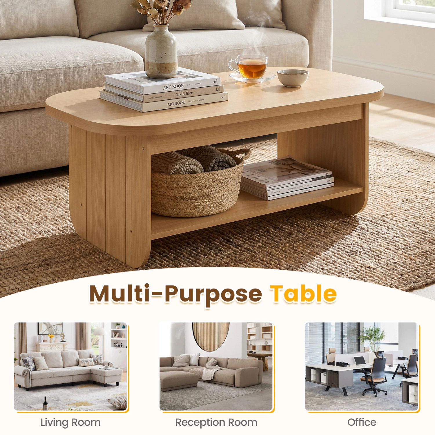 Glintex 2-Tier 47-Inch Oval Coffee Table with Fluted Base and Bottom Shelf