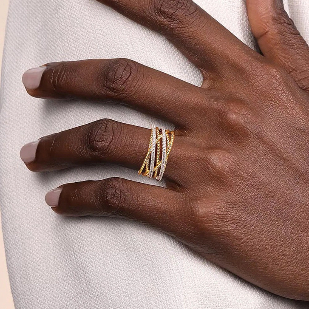 Fashion Two Tone Zirconia Multilayer Intertwined Wide Ring