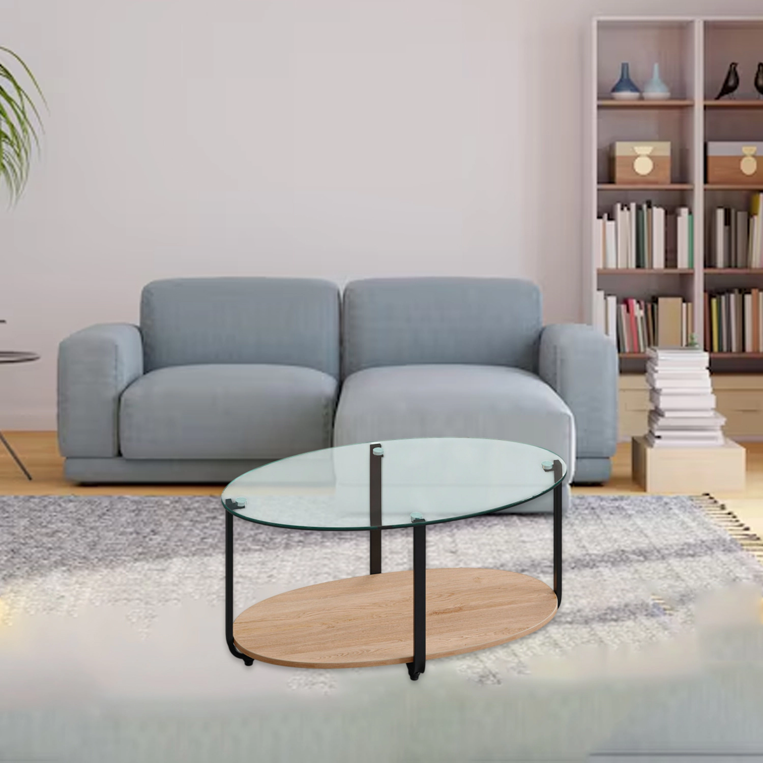 Hivvago Glass Oval Coffee Table with Wooden Storage Shelf