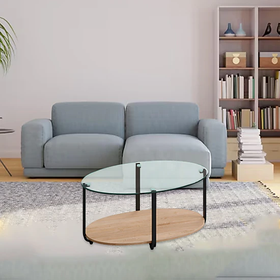 Hivvago Glass Oval Coffee Table with Wooden Storage Shelf