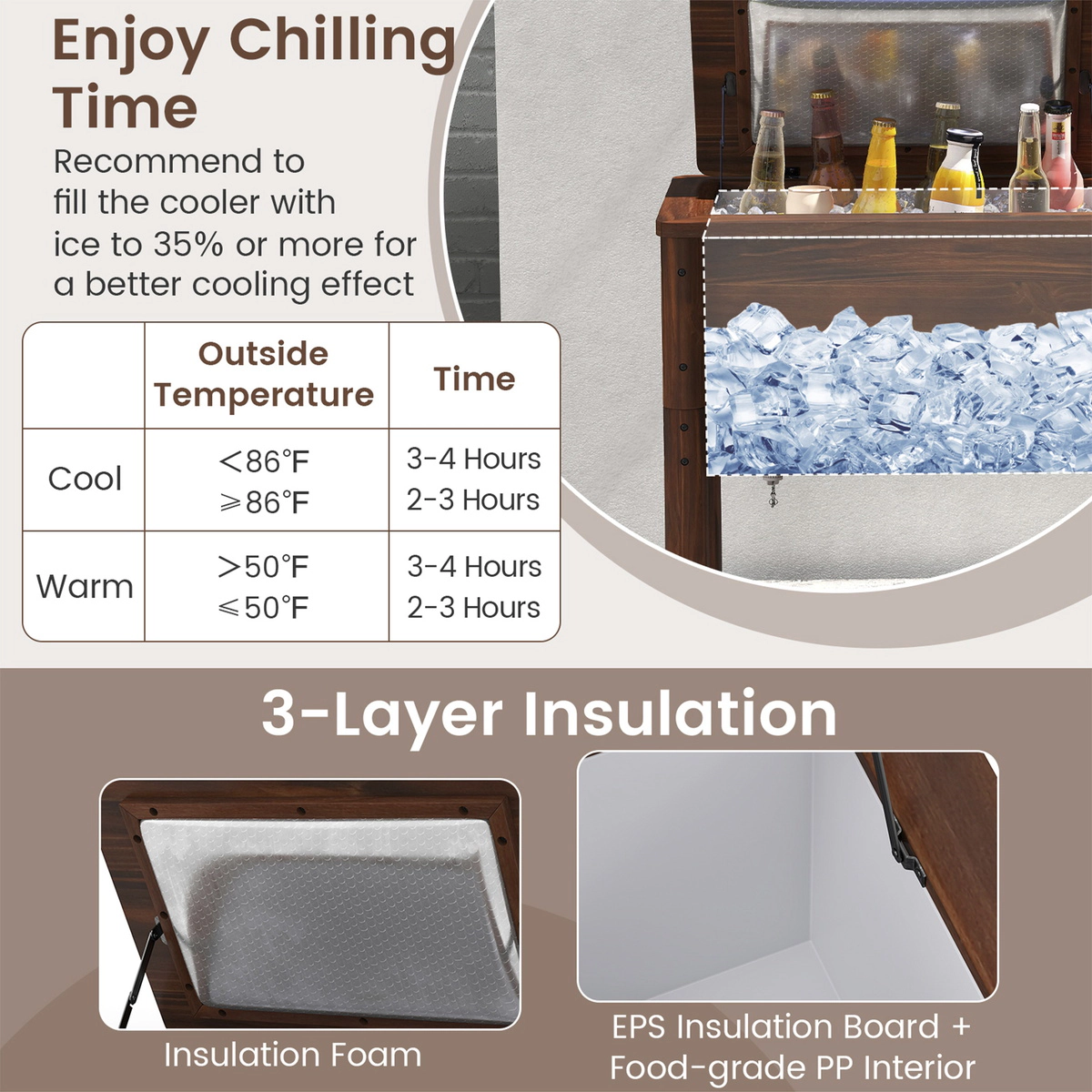 SUGIFT 54-Quart Brown Pine Wood Patio Cooler with 3 Handles and Bottle Opener 26.5-in W 18.5-in D 29-in H