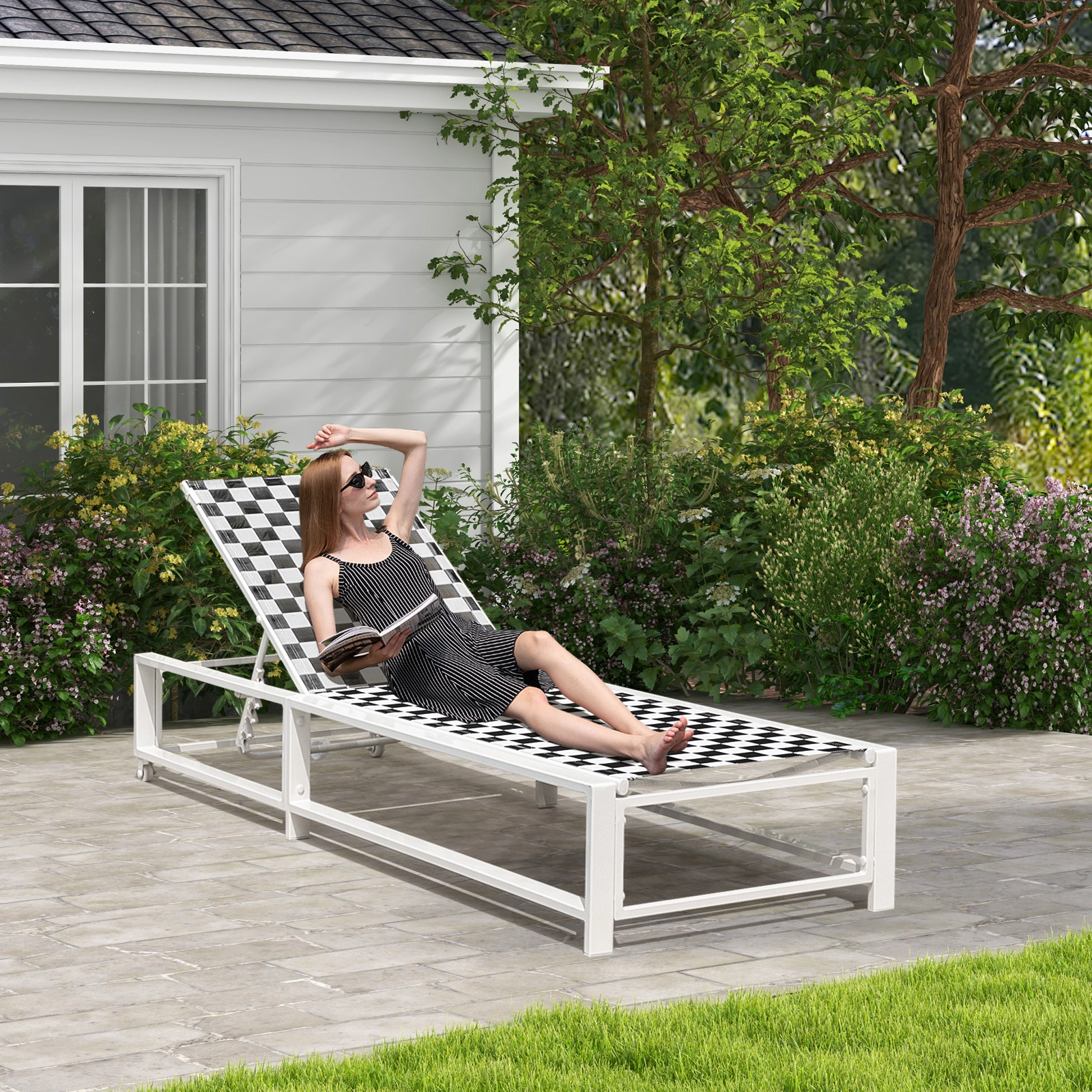 SUGIFT Wheels 6-Level Backrest Metal Frame 400-lb Black and White Patio Chaise Lounge Chair
