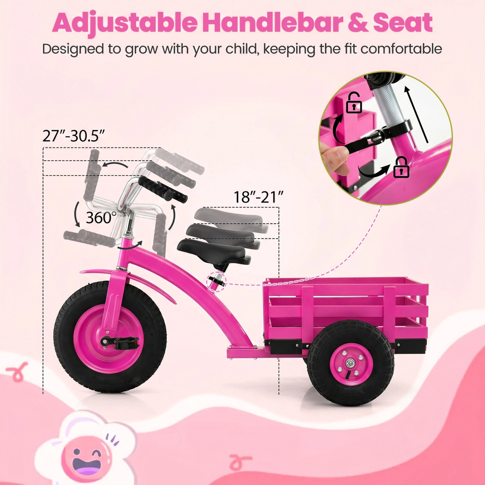 Kids Tricycle 18-in Storage Basket PU Leather Padded Saddle Adjustable 17-in to 21-in Seat Ages 3+ Pink