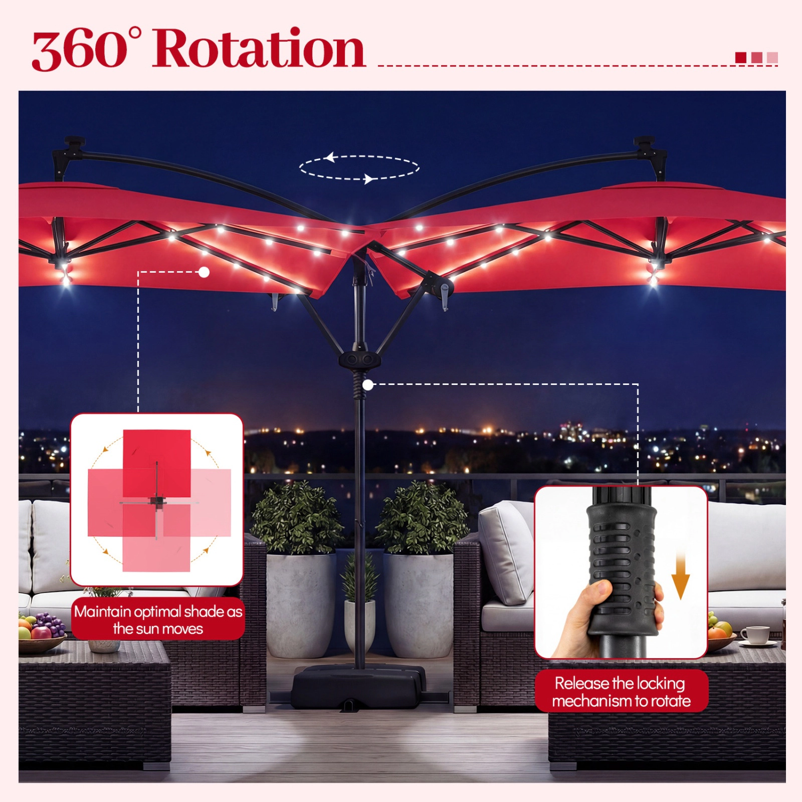 SUGIFT 8-ft Red Square Solar LED Offset Patio Umbrella with 360-Degree Rotation and Crank Lift for Deck