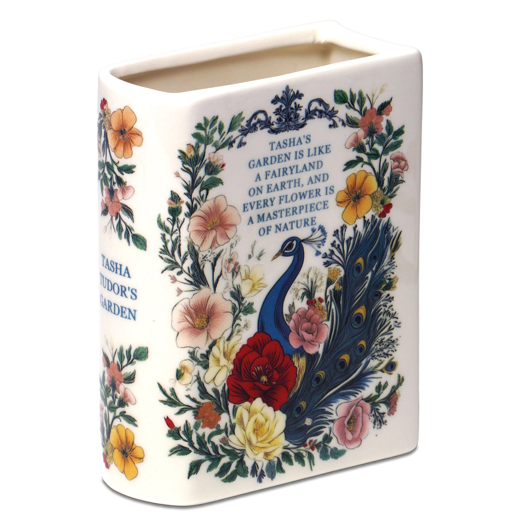 G128 Book-Shaped Ceramic Vase Peacock Pattern - Compact Decorative Flower Vase for Table Desk Office