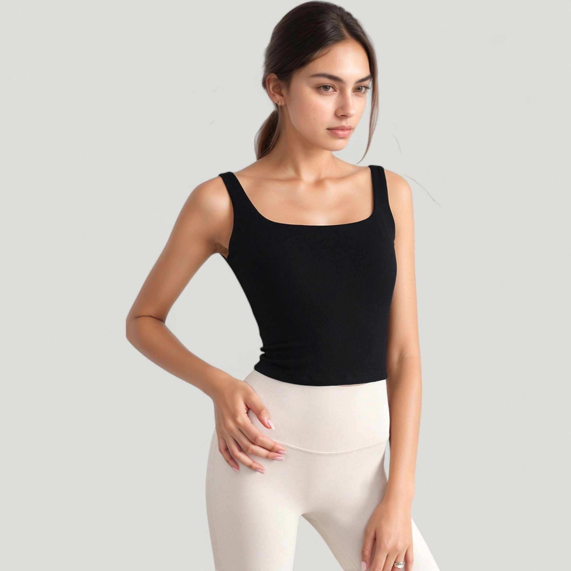 Anna-Kaci Women's Ribbed Knit Square Neck Tank Top with Wide Straps