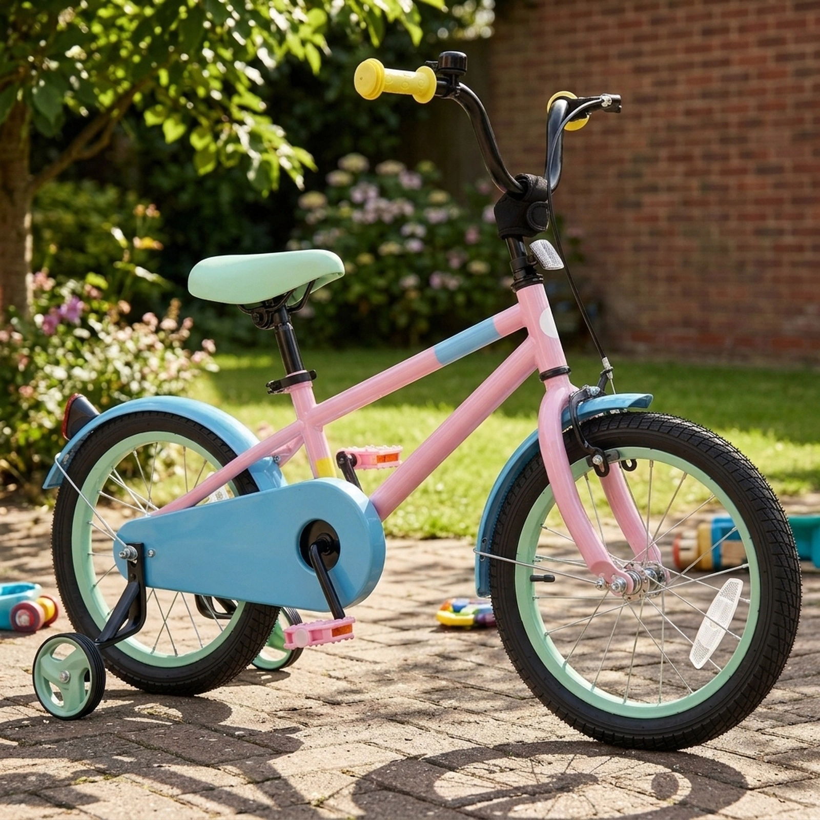 16-in Girls Bike Coaster Brake Hand Lever Removable Training Wheels Anti-Slip Grips Pedals Chain Guard Ages 4-7 Pink