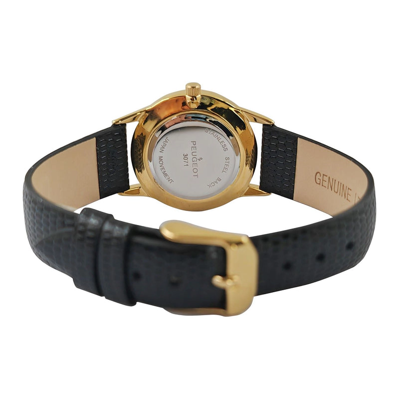 Peugeot Womens Wafer Slim Designer Status Watch Black Dial and Black Leather Strap