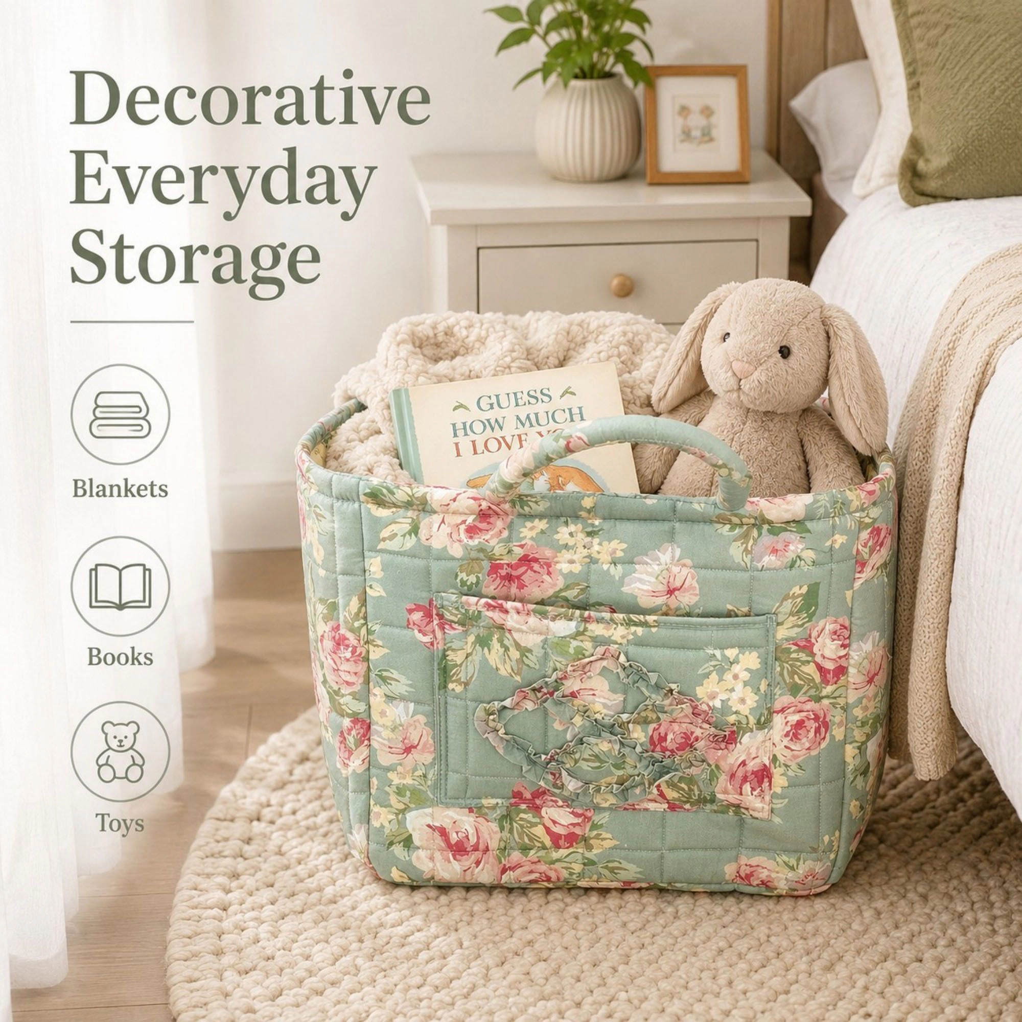 Alilang Unisex Quilted Floral Storage Caddy with Handles for Vanity Dorm Bathroom and Laundry Room