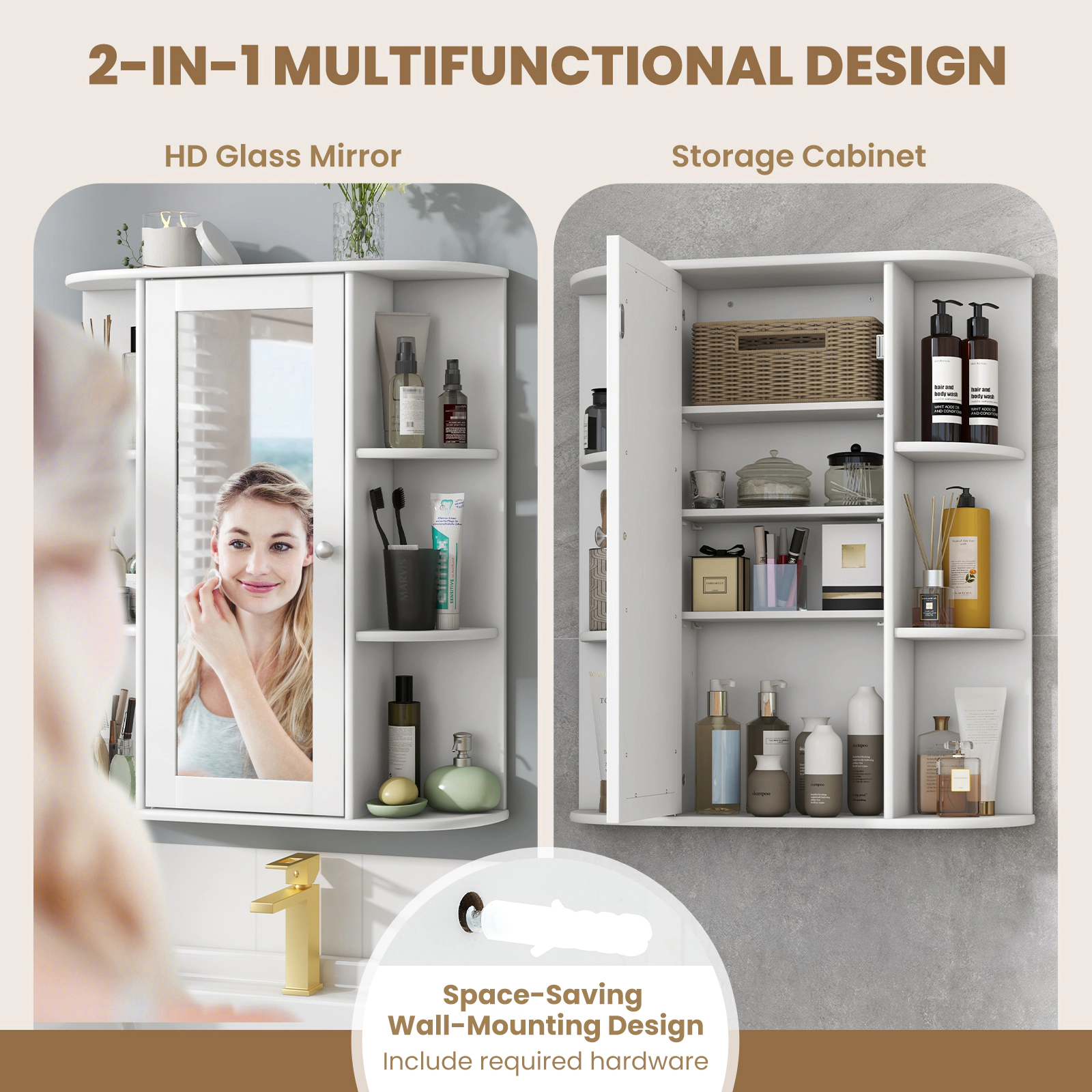 SUGIFT Mirror Door 3 Adjustable Tiers 6 Open Shelves Bathroom Medicine Cabinet 23-in x 6.5-in x 27.5-in 80-lb White