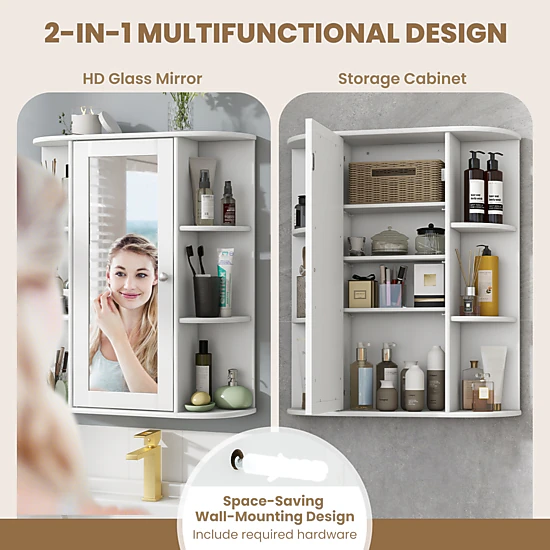 SUGIFT Mirror Door 3 Adjustable Tiers 6 Open Shelves Bathroom Medicine Cabinet 23-in x 6.5-in x 27.5-in 80-lb White