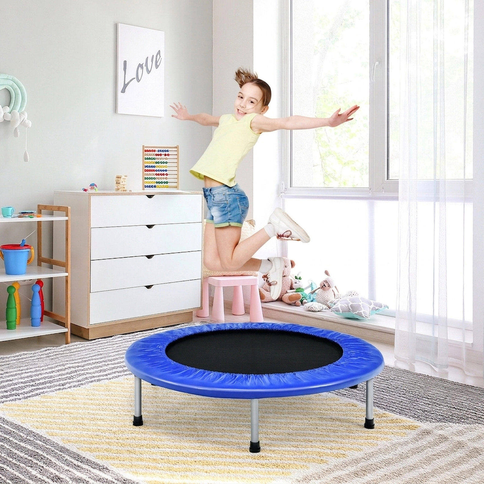 38-in Folding Exercise Trampoline for Adults Portable Rebounder 330-lb Capacity 32 Springs 6 Non-Slip Legs Blue