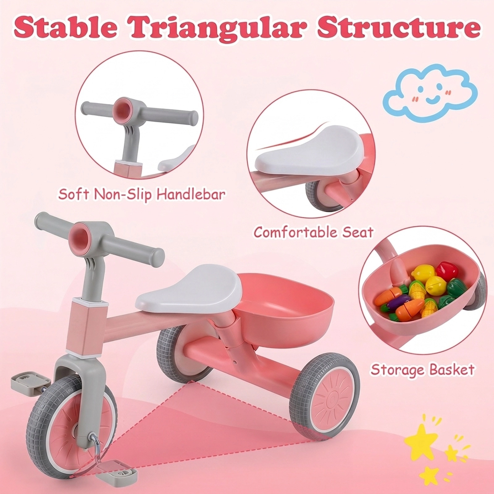 Kids Tricycle with 13-in Low Seat Solid EVA Wheels and Push-Button Pedal Removal for Ages 2-4 Balance Bike Conversion