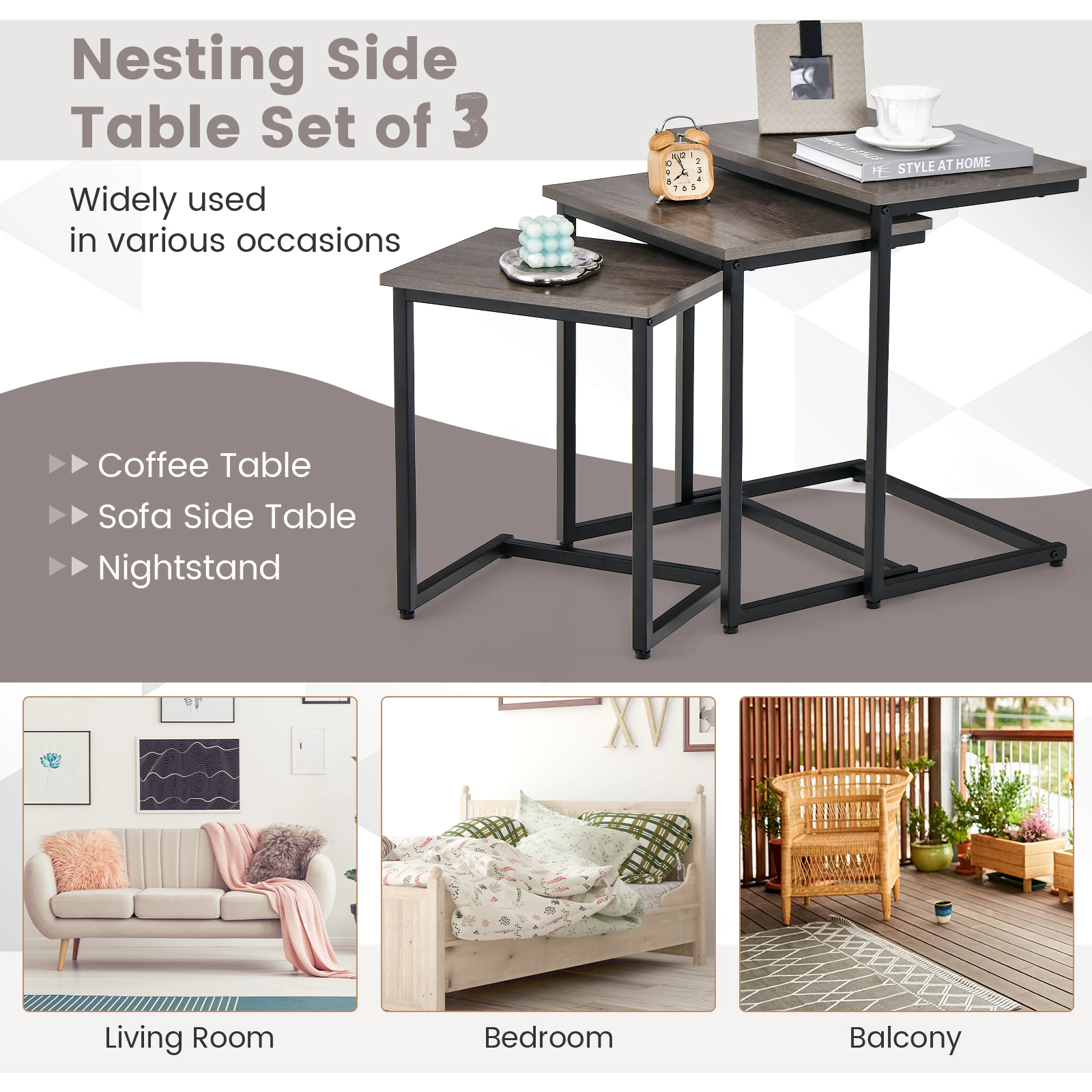 Glintex 3-Piece Stackable C-Shaped Nesting Side Table Set with Steel Tube Frames, Oak