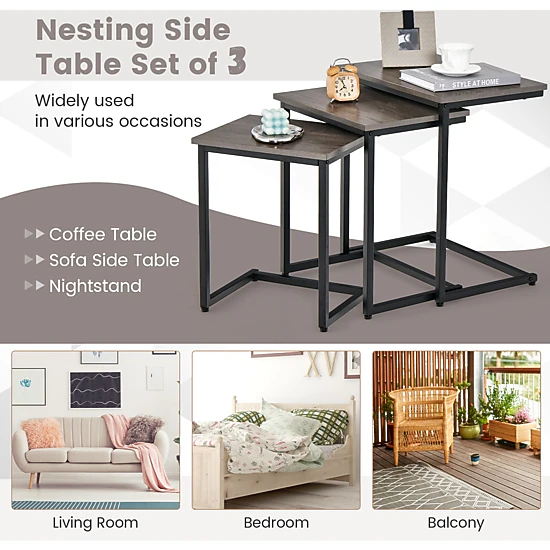 Glintex 3-Piece Stackable C-Shaped Nesting Side Table Set with Steel Tube Frames, Oak