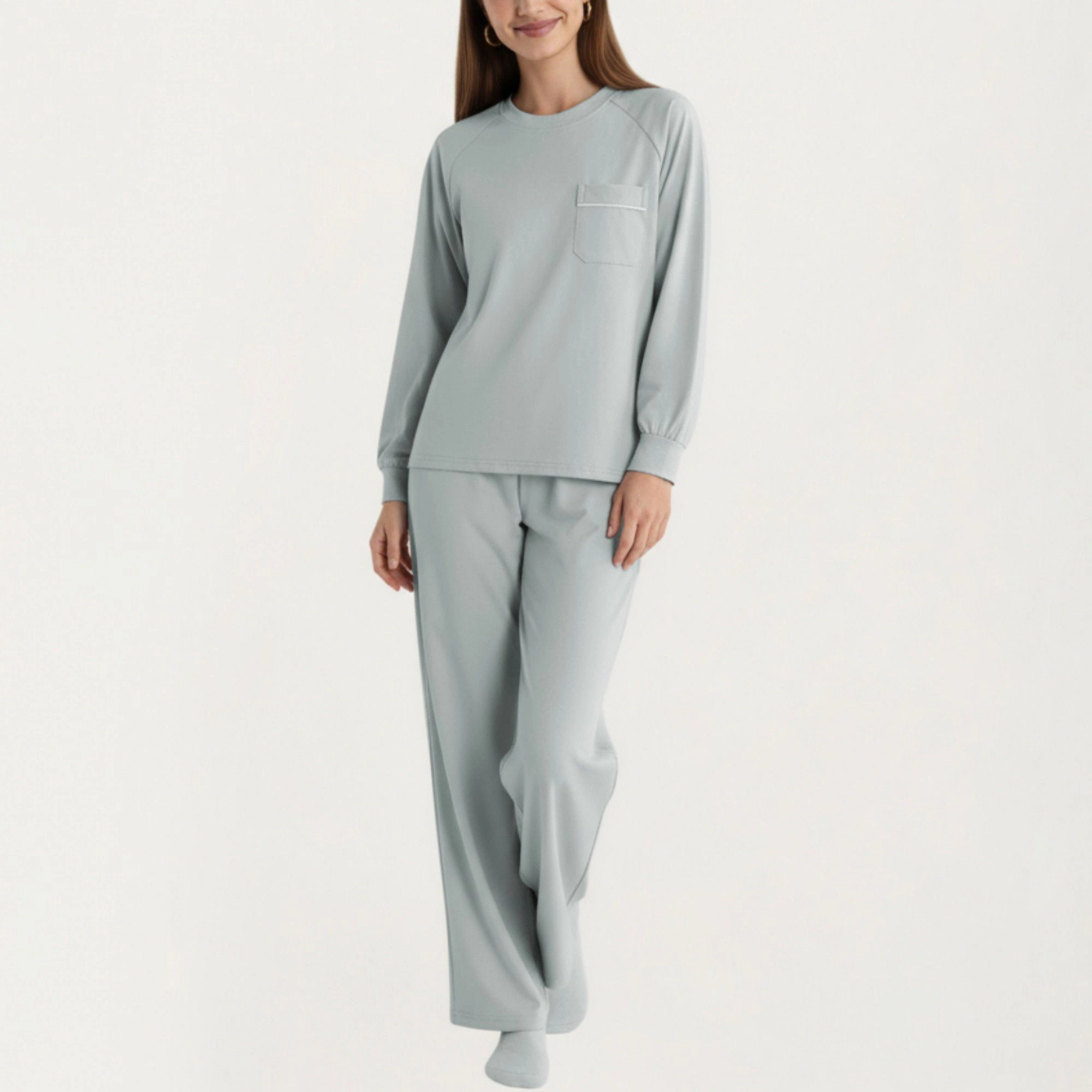 Anna-Kaci Women's 2-Piece Long Sleeve Crew Neck Top with Chest Pocket and Relaxed Fit Pants