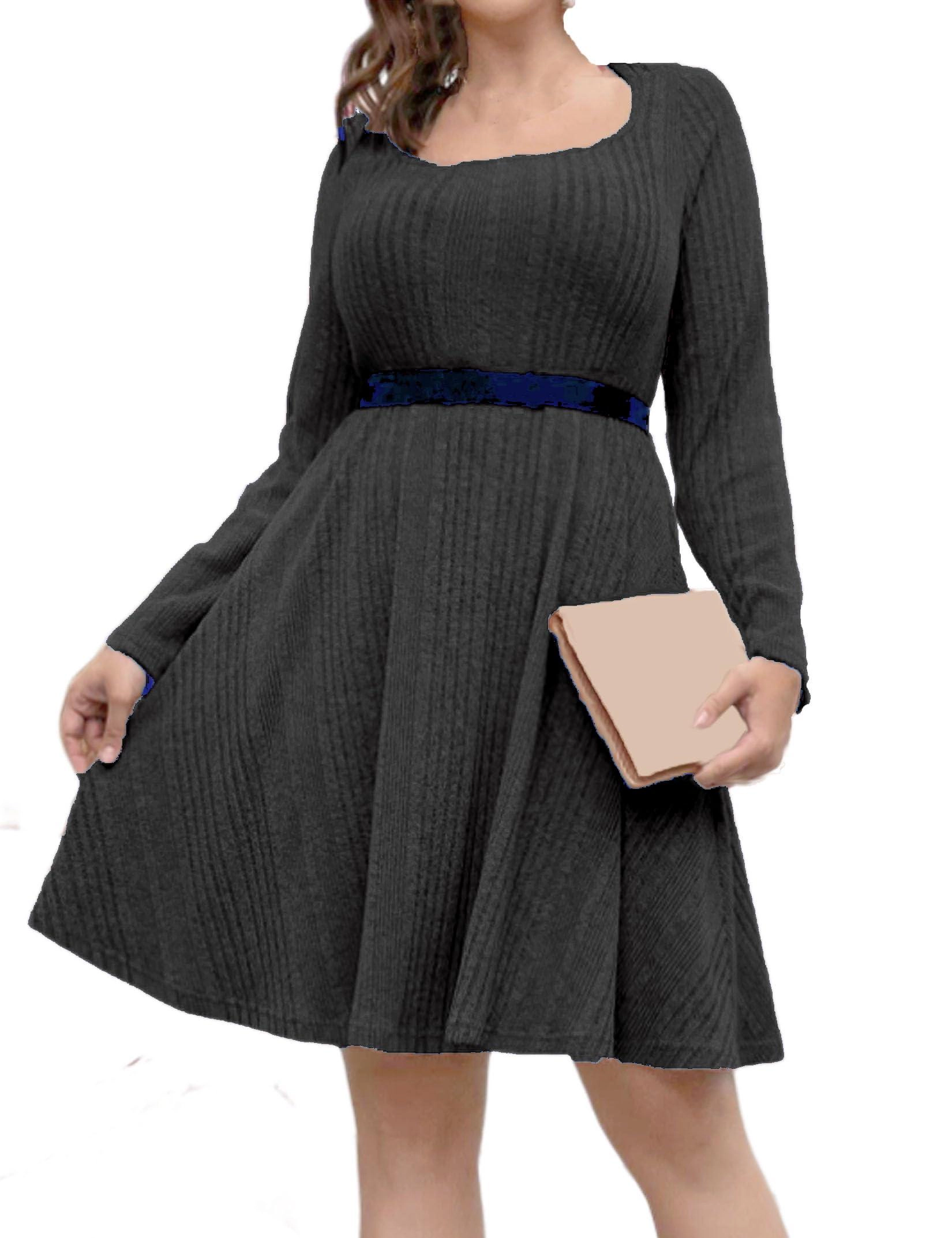 KOJOOIN Womens Plus Knit Dress Square Neck Swing Midi Curvy Textured Elegant A‑Line Dresses