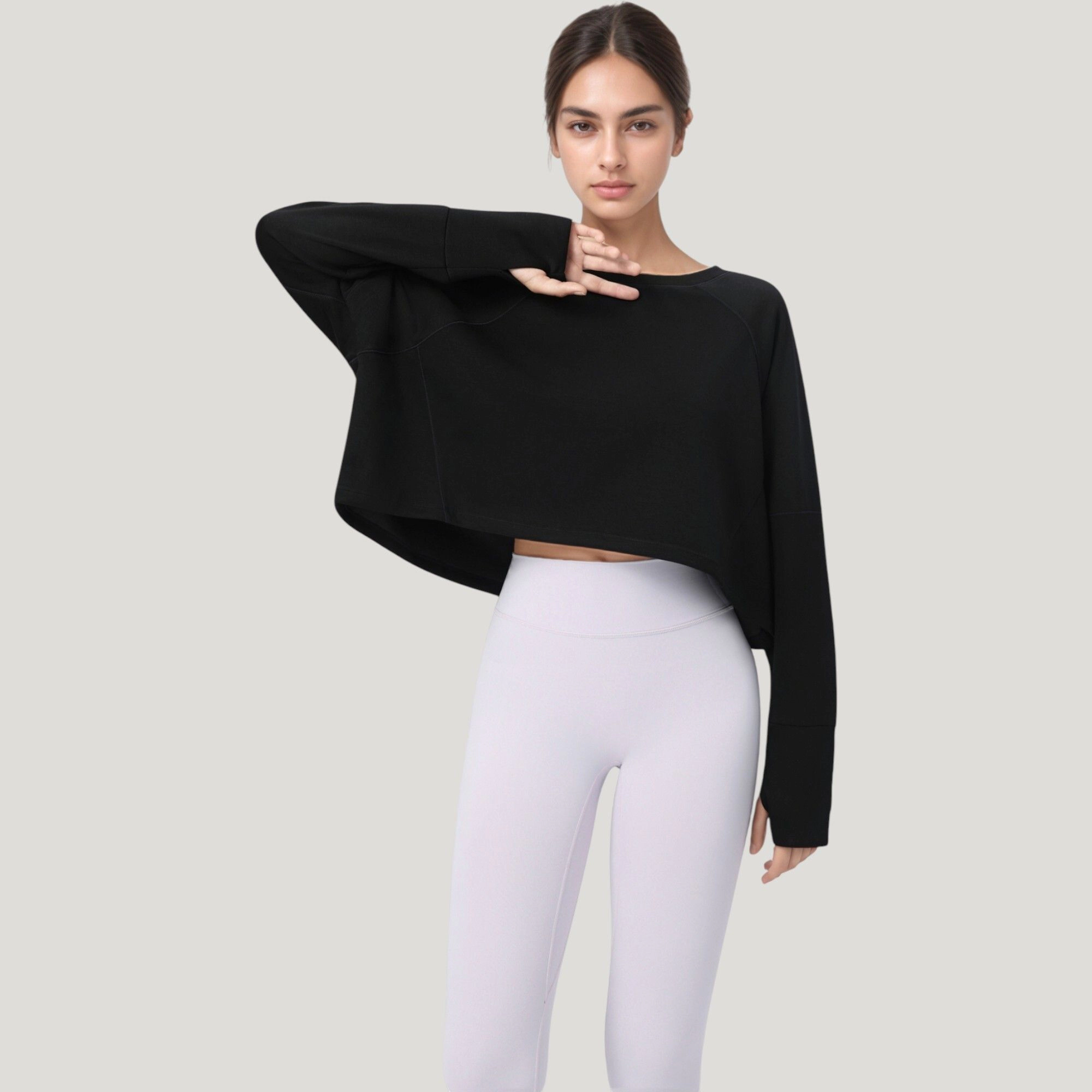 Anna-Kaci Women's Cropped Long Sleeve Active Top with Relaxed Fit and Crew Neck Design