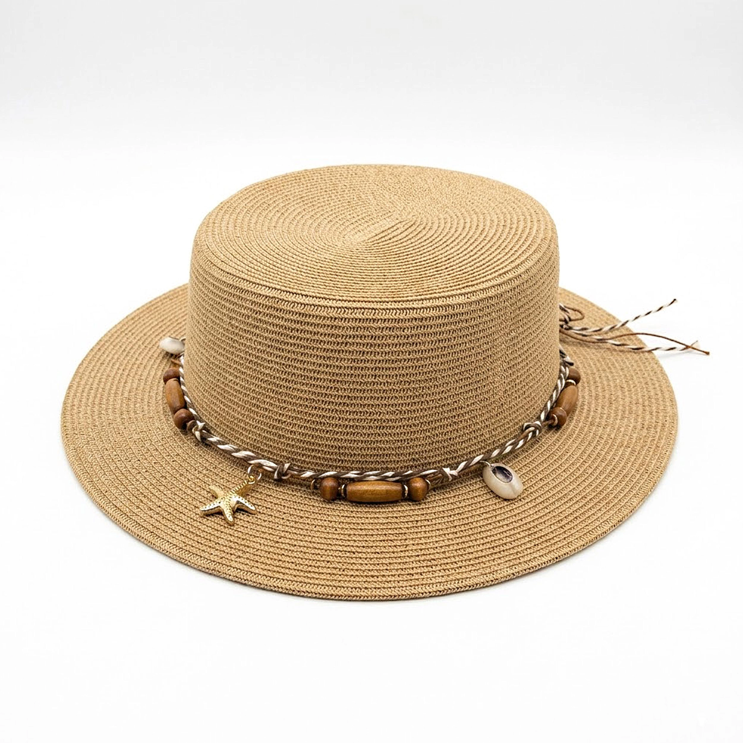 Anna-Kaci Women's Women Straw Boater Hat Wide Brim Summer Sun with Beaded Band Lightweight, Natural Multi Bead