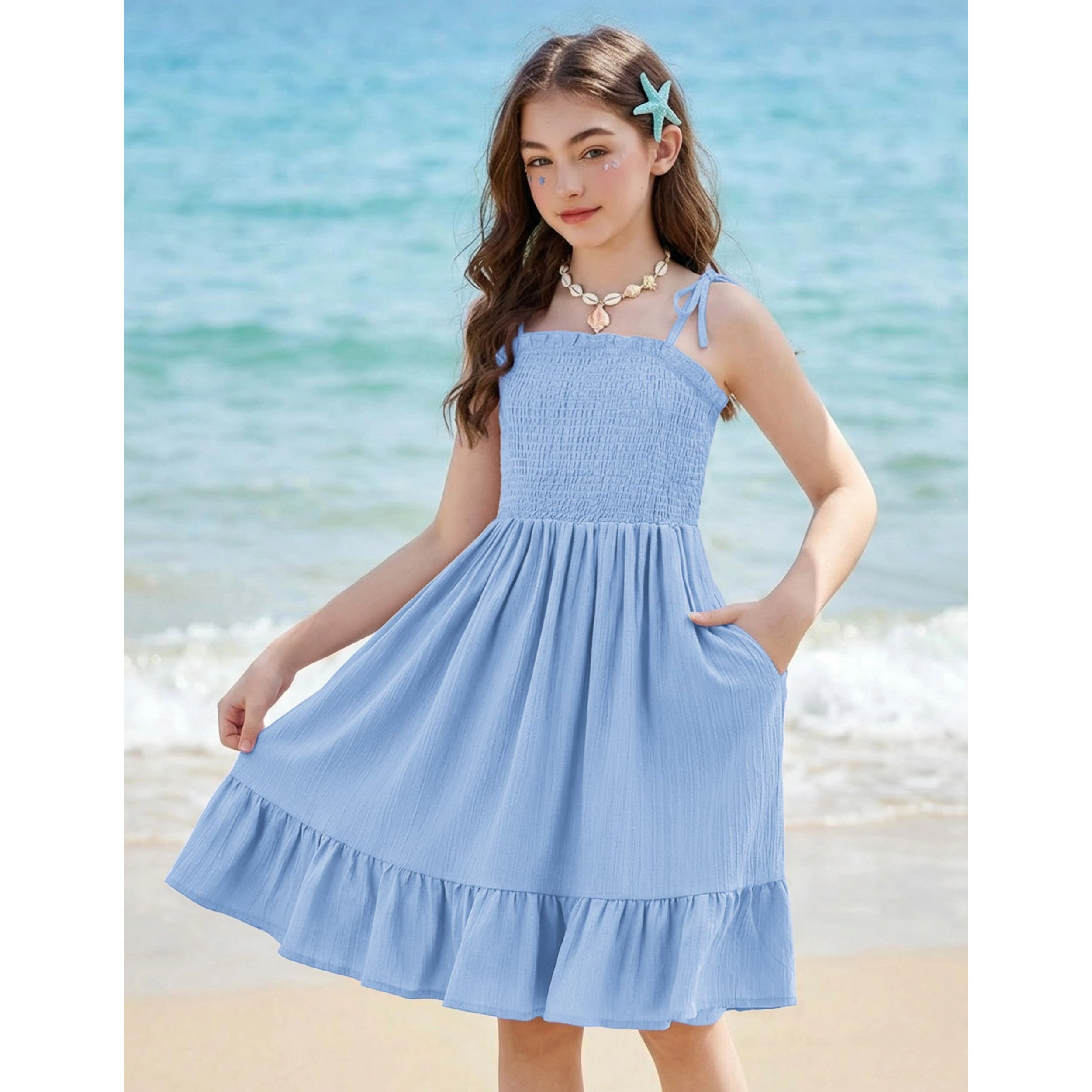 Arshiner Girls Party Dress Midi Cami High Waist Casual Dresses With Pockets Cute Sundress