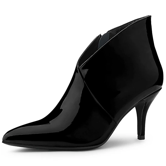 BLISSFUL STEP Women V Shape Pointed Toe Stiletto Heel Ankle Boots Side Zipper