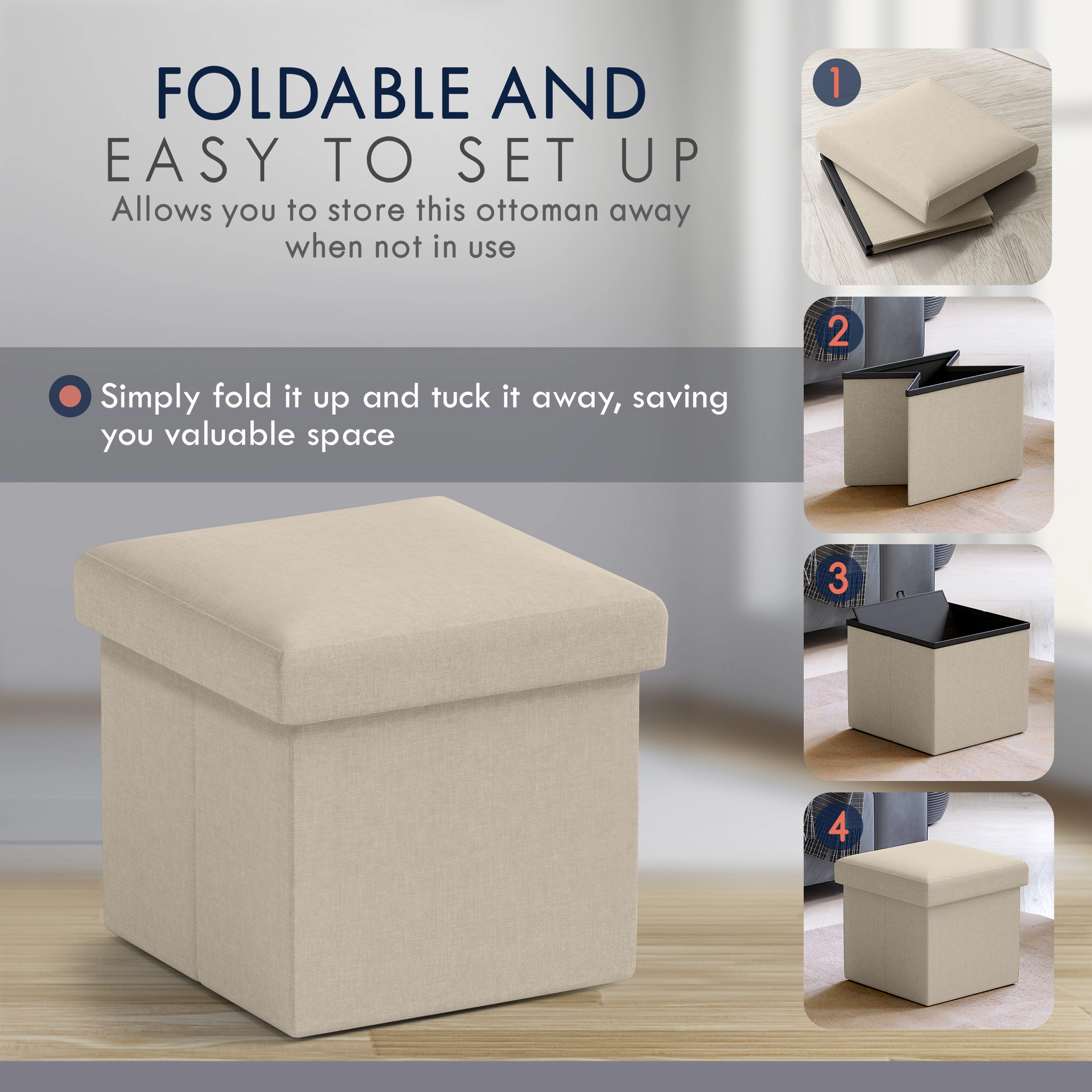 Ornavo Home Collapsible Small 12" Inch Square Storage Ottoman