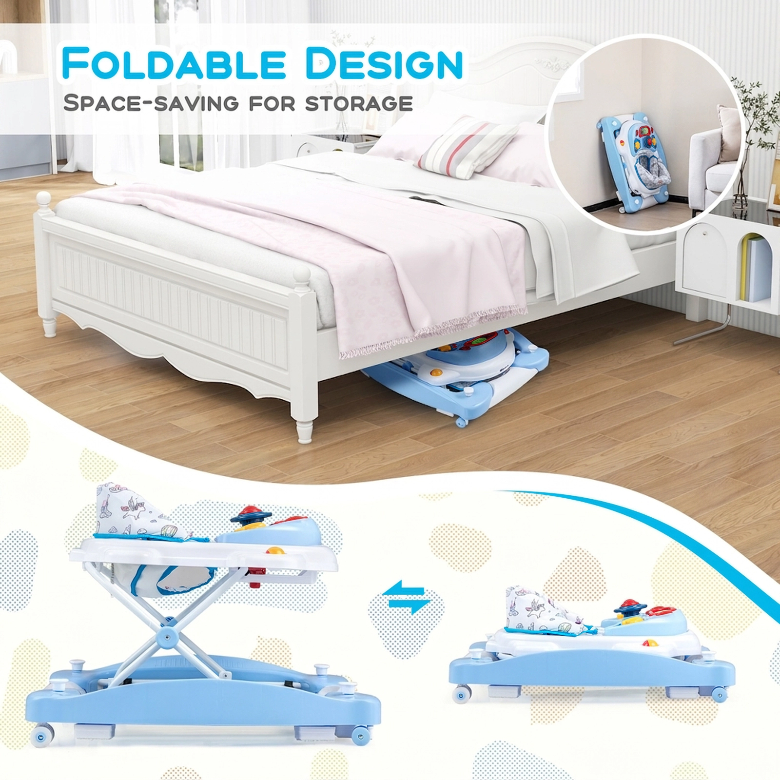 6-in-1 Foldable Baby Walker with Wheels 3 Adjustable Heights Music Tray and Washable Seat for Boys and Girls in Blue