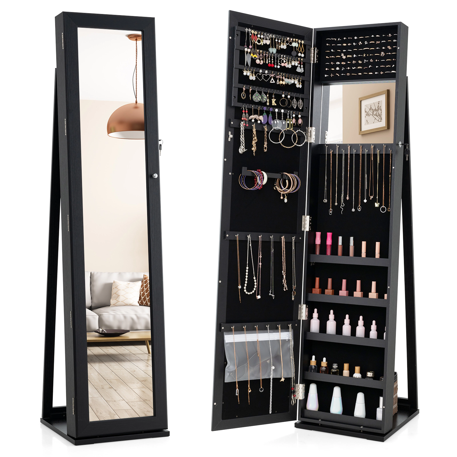 Hivvago Full Length Mirror Jewelry Organizer with Standing Storage Cabinet