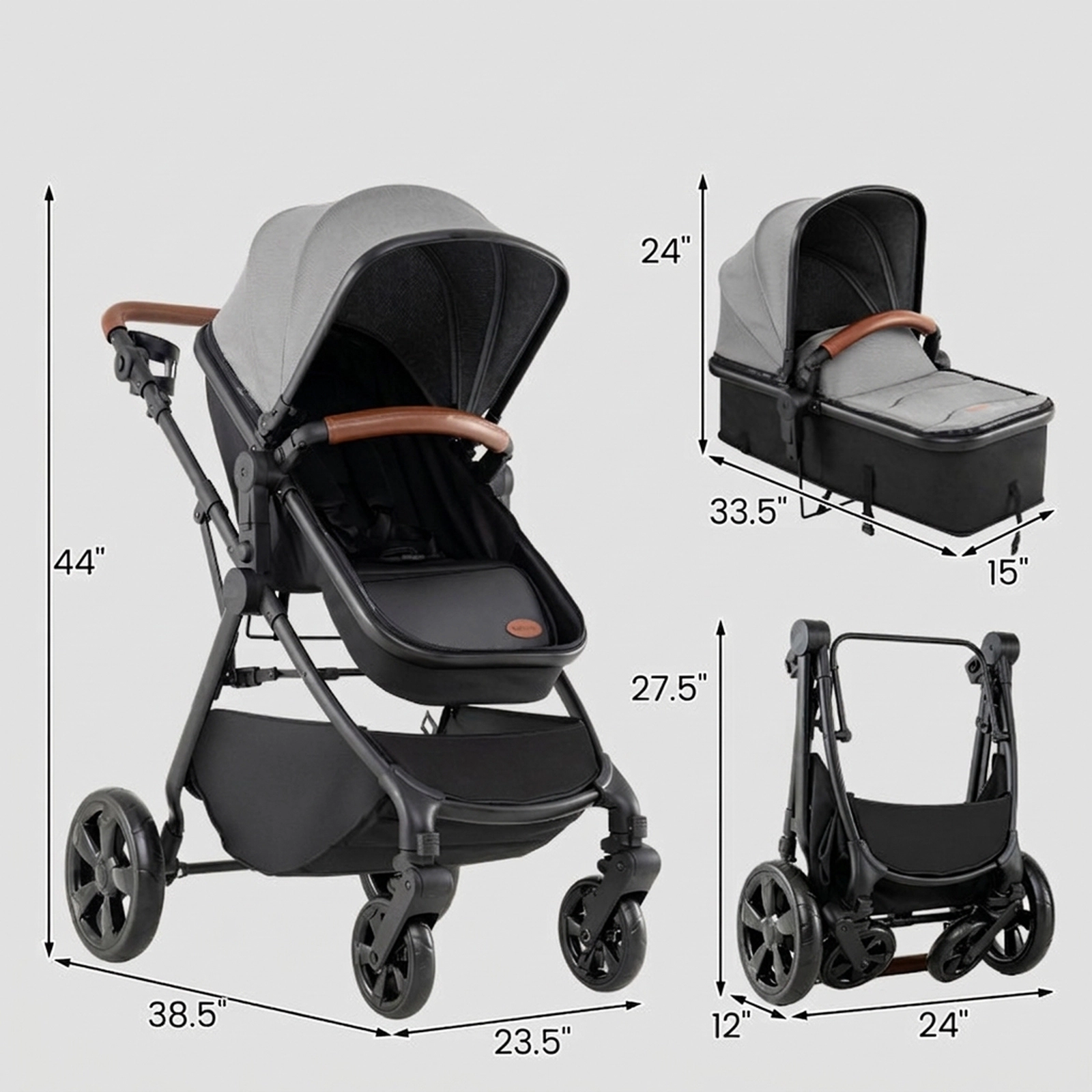 SUGIFT 2-in-1 Convertible Baby Stroller with Car Seat Adapters 33-lb Seat Capacity Ages 0-36 Months Gray