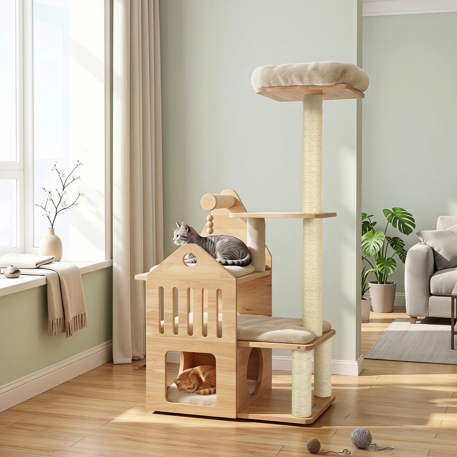 LJG 48.5" Multi-Level Solid Wood Cat Tree for Indoor Cats with Padded Top Perch Condo and Sisal Scratching Posts
