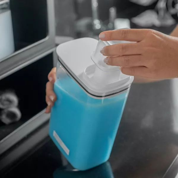 OU Laundry Detergent Dispenser w/ Measuring Cap, Liquid Laundry Soap & Fabric Softener Dispenser w/ Drip Return Lid