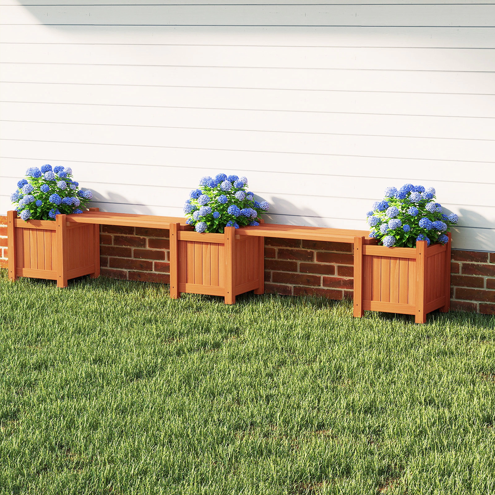 LJG 3-in-1 Outdoor Planter Box with Bench 2-Person Outdoor Bench with 2 Side Garden Beds