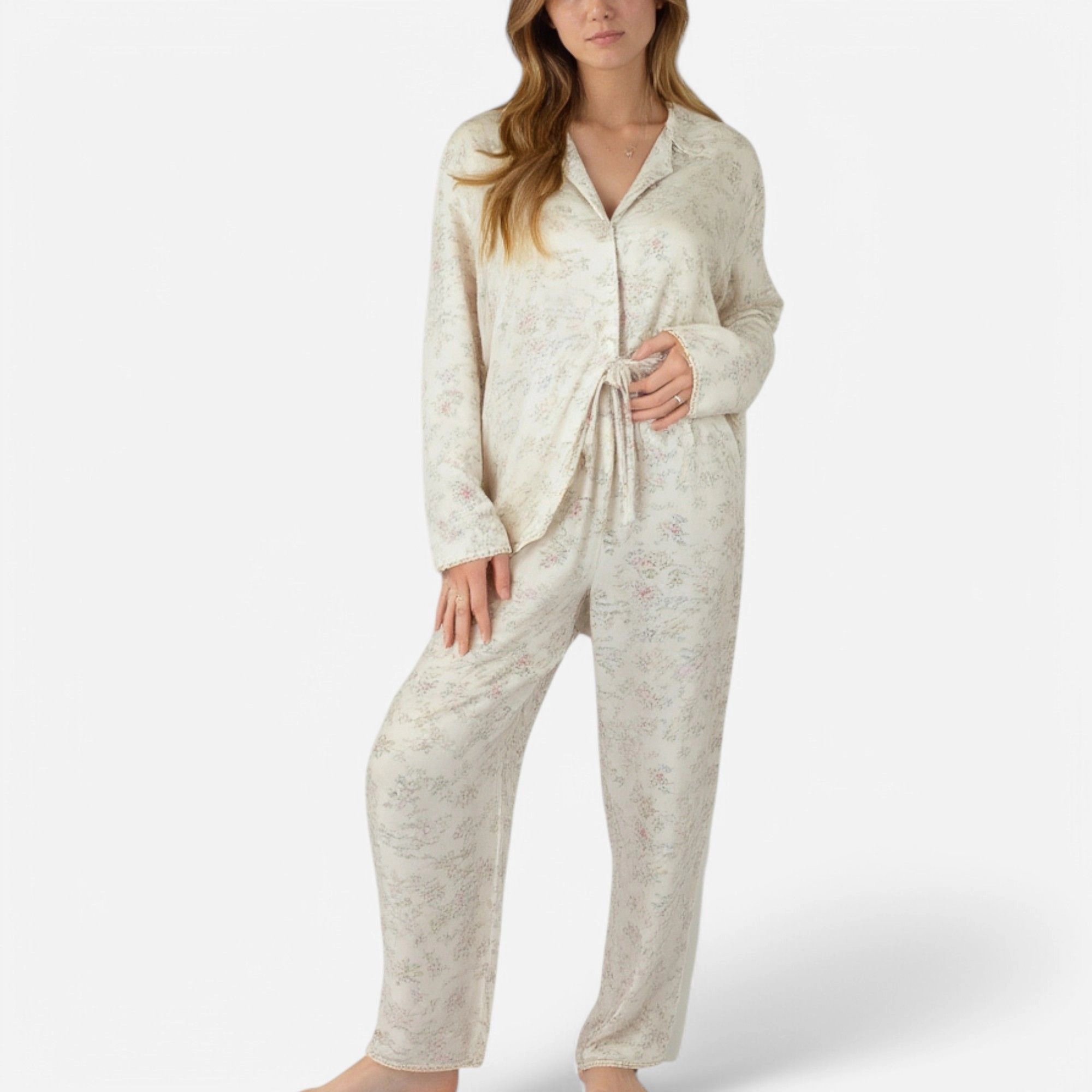 Anna-Kaci Women's Soft Brushed Pajama Set with Subtle Floral Print Long Sleeve Button Up Top and Drawstring Pants