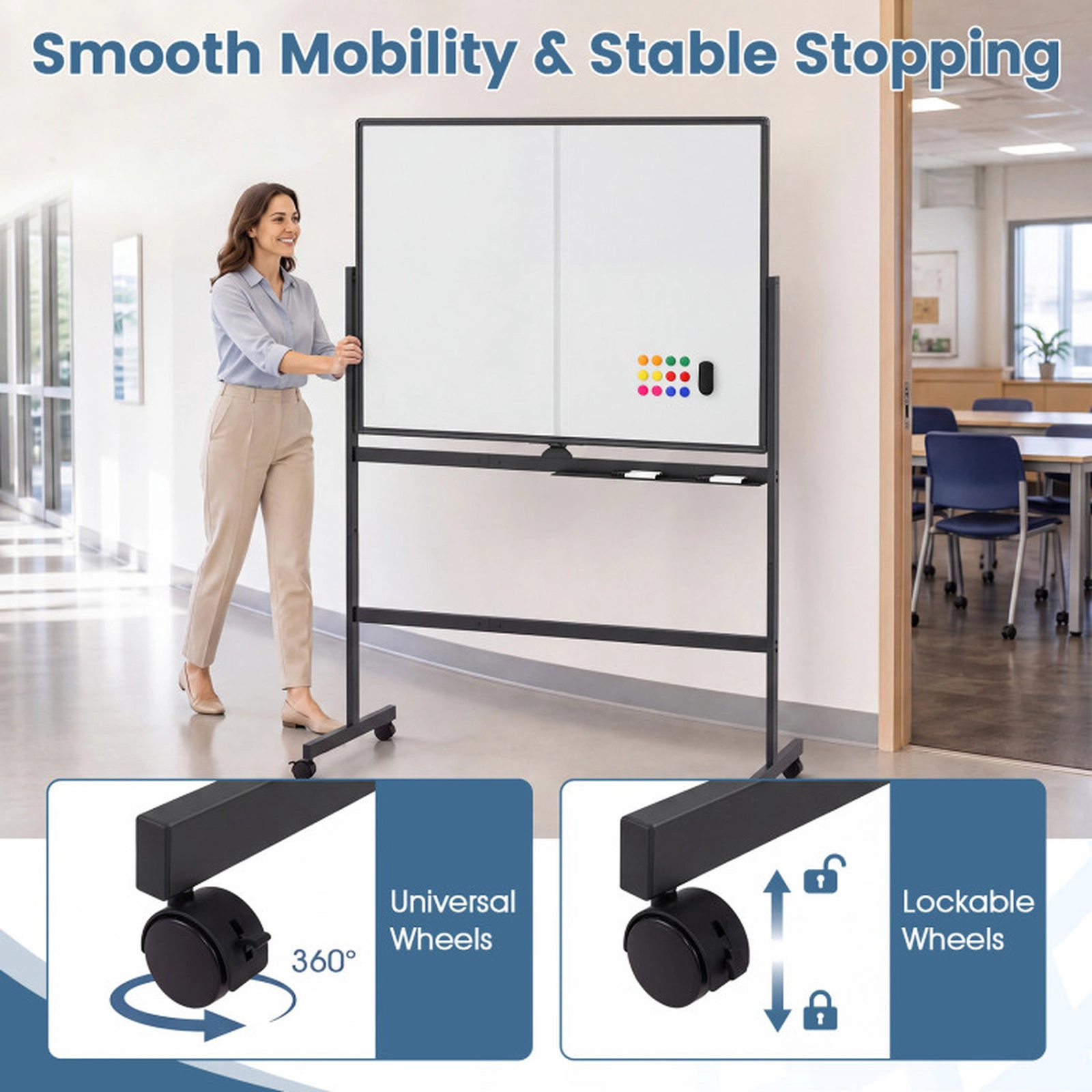 SUGIFT 48 x 36 in Double-Sided Mobile White Board with 360° Rotation Lockable Wheels Black