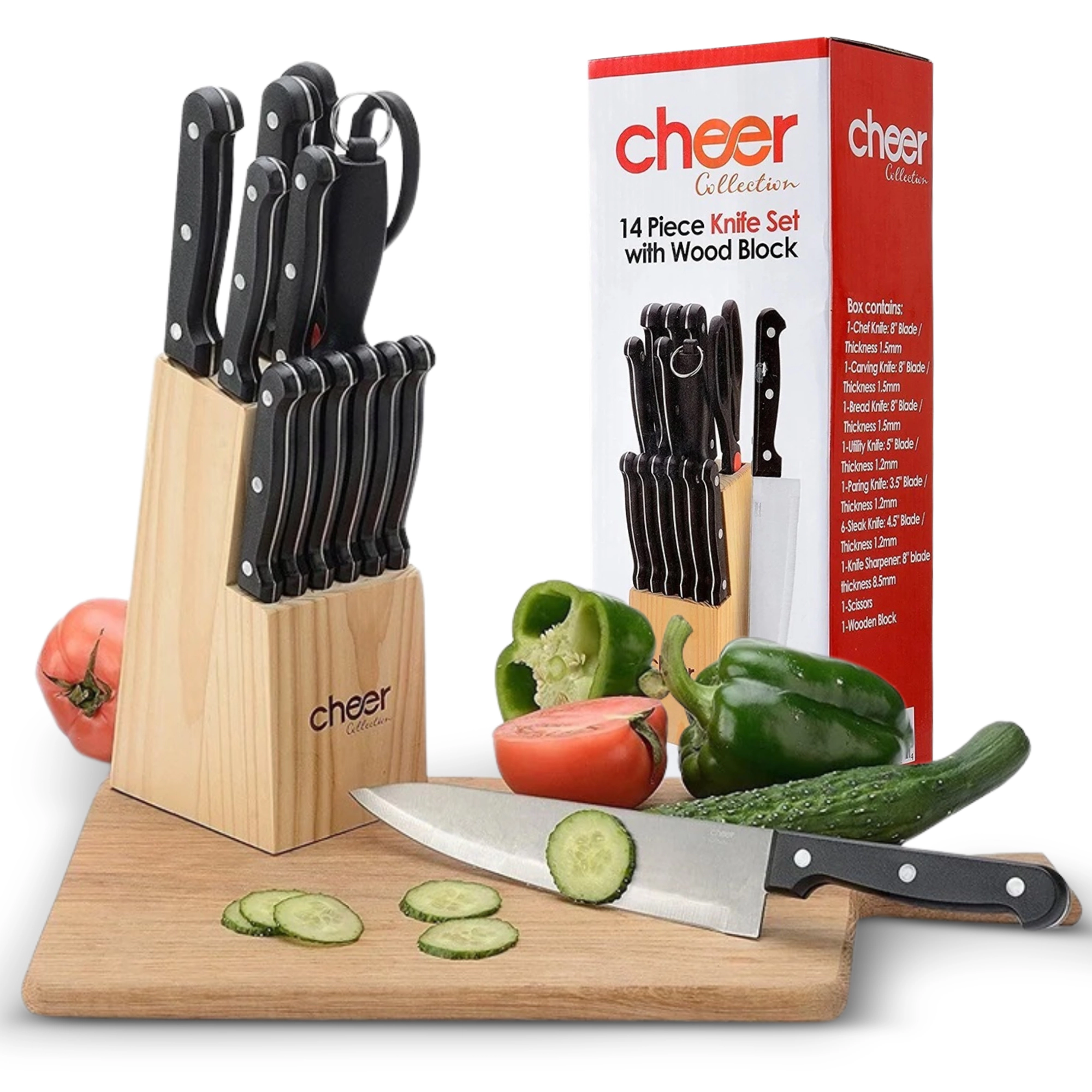 Cheer Collection 14-Piece Stainless Steel Kitchen Knife Set with Wooden Storage Block