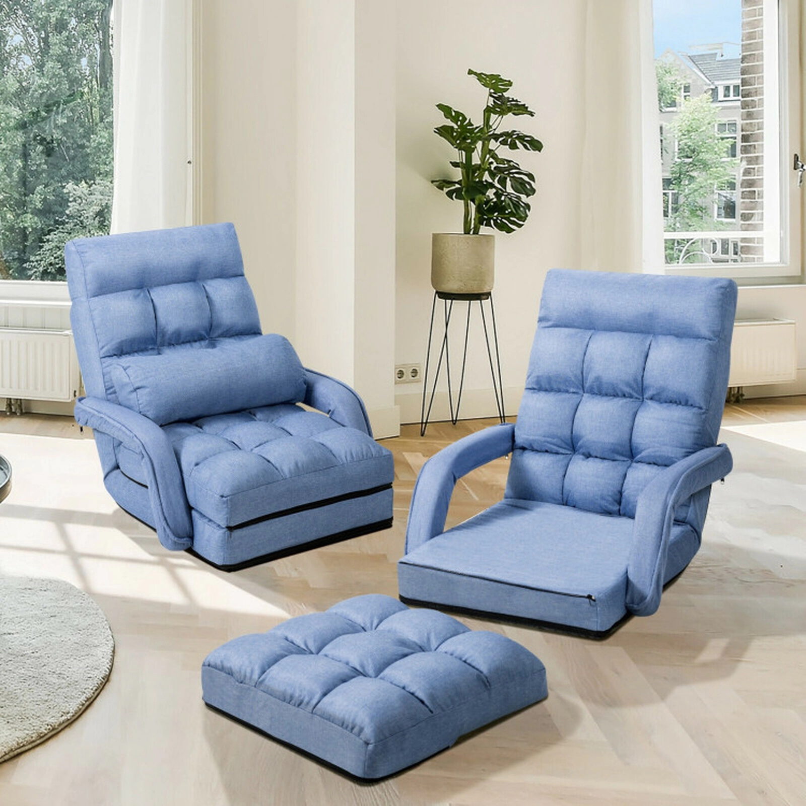 SUGIFT 6-Position Adjustable Blue Folding Floor Chair Sofa with Armrests Lumbar Pillow and Removable Cushion