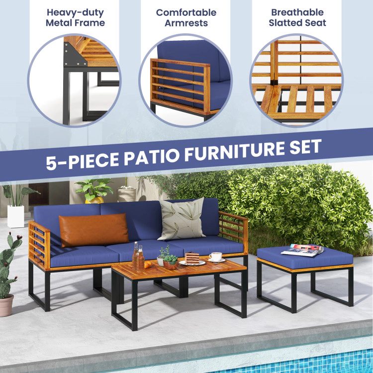 Hivvago 5-Piece Patio Acacia Wood Chair Set With Ottoman And Coffee Table