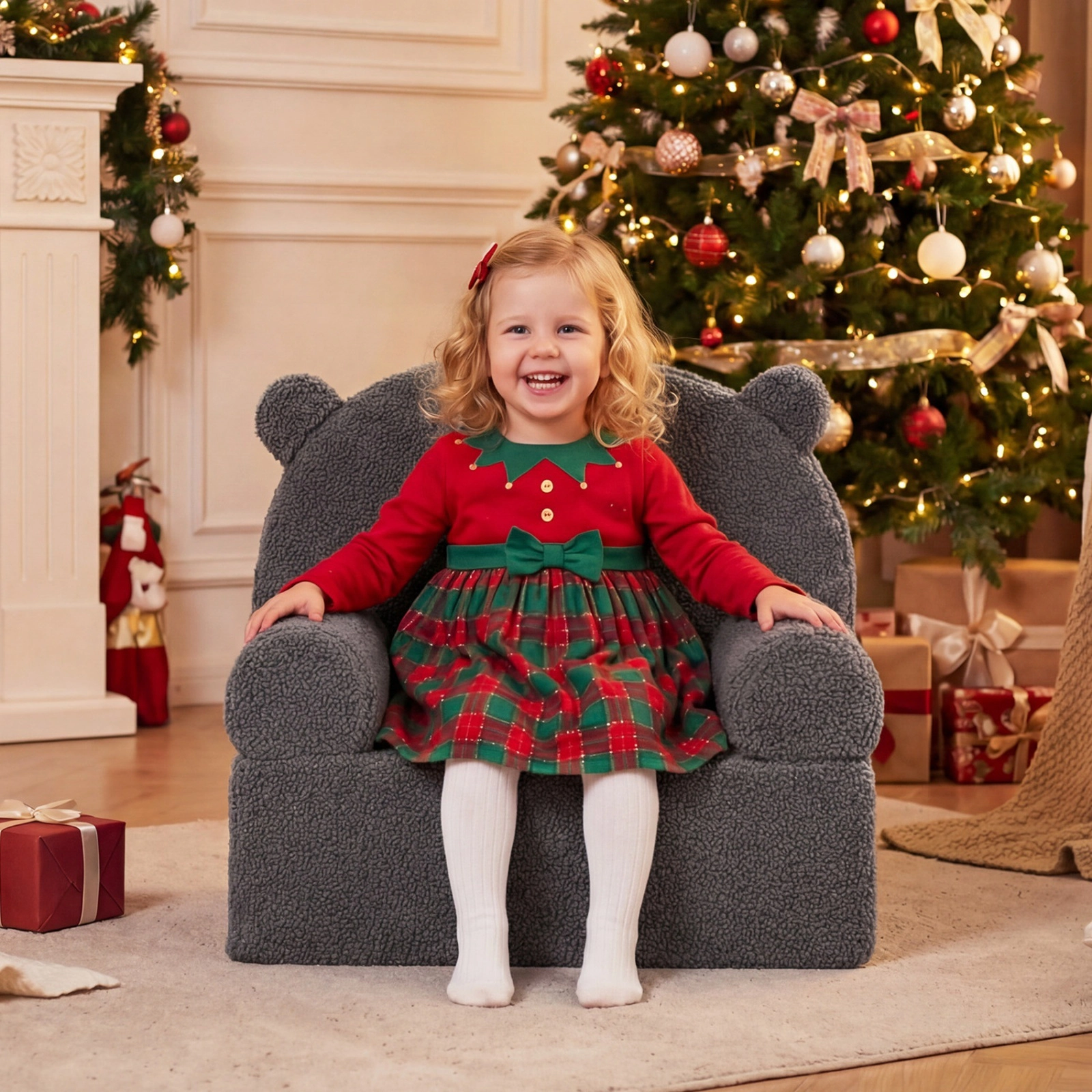 SUGIFT Gray Toddler Foam Chair, Teddy Fleece Cover, Carry Handle